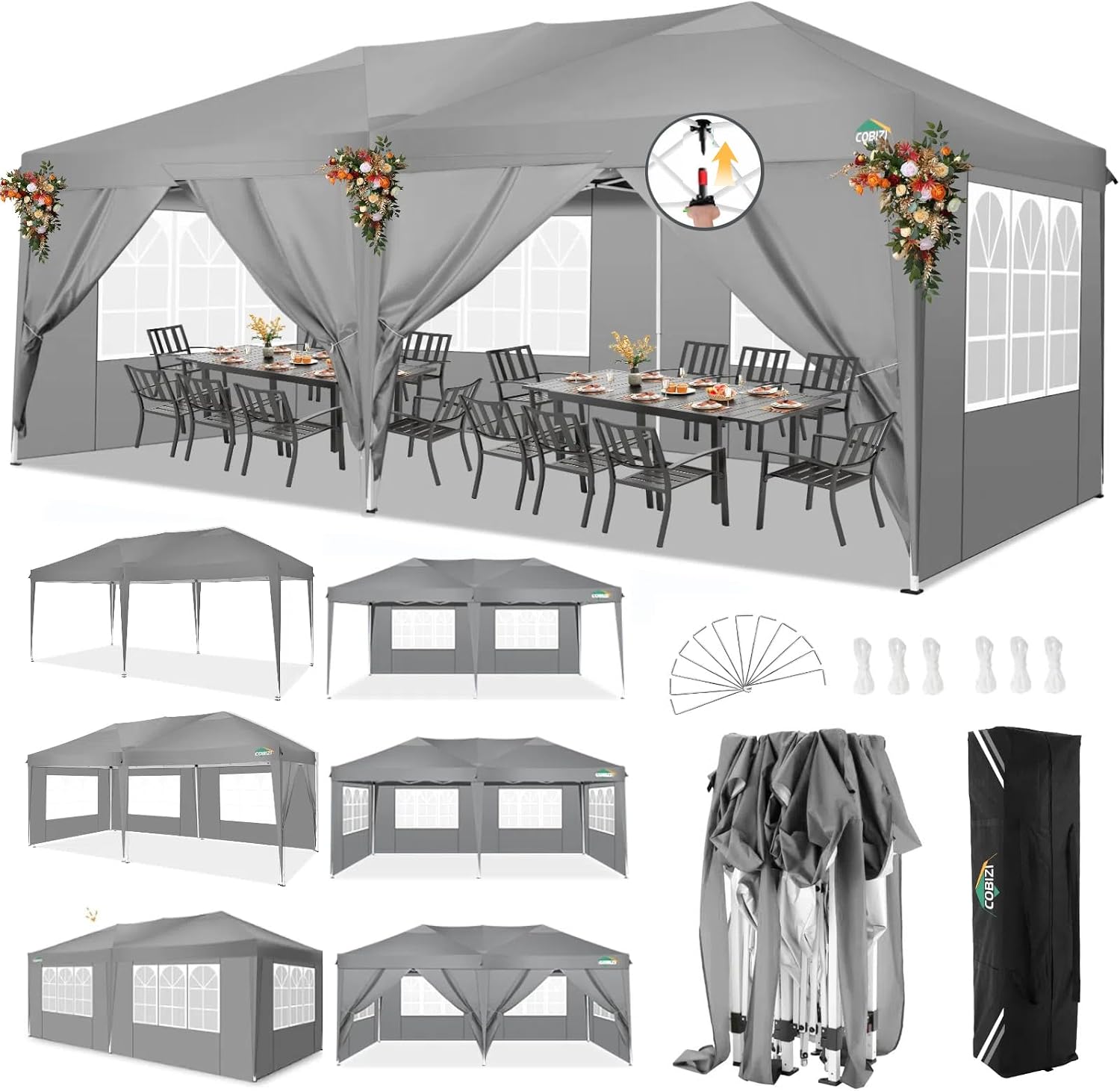 COBIZI 10x20 Pop Up Canopy Tent with 6 Sidewalls Party Tents for Parties Weddings Backyard Waterproof Commercial Instant Outdoor Events Tent with Stakes, Ropes（10 x 20 ft Gray