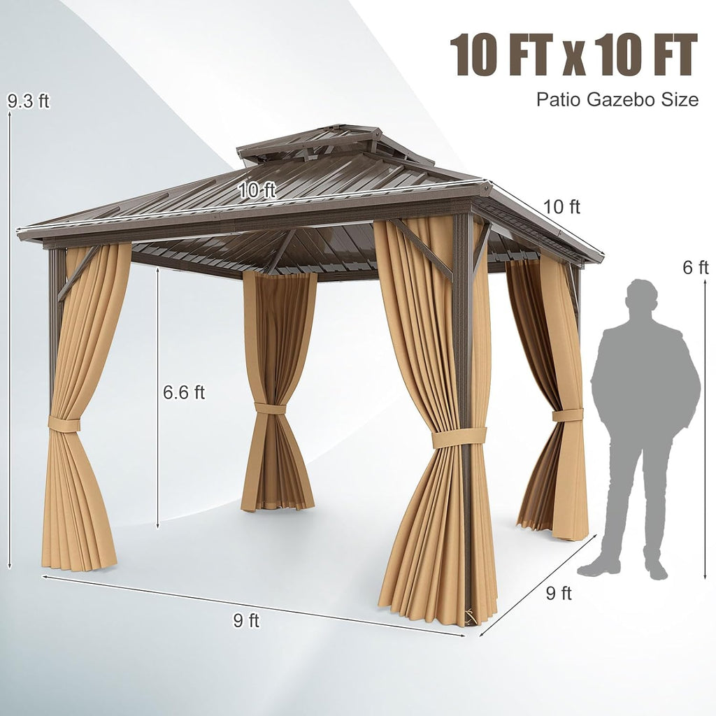 Tangkula 10x10 FT Hardtop Gazebo, Permanent Pavilion Shelter with Netting & Curtain, Heavy-Duty Double Galvanized Metal Roof, Aluminum Frame, Outdoor Gazebo for Patio Garden Deck Lawn Backyard