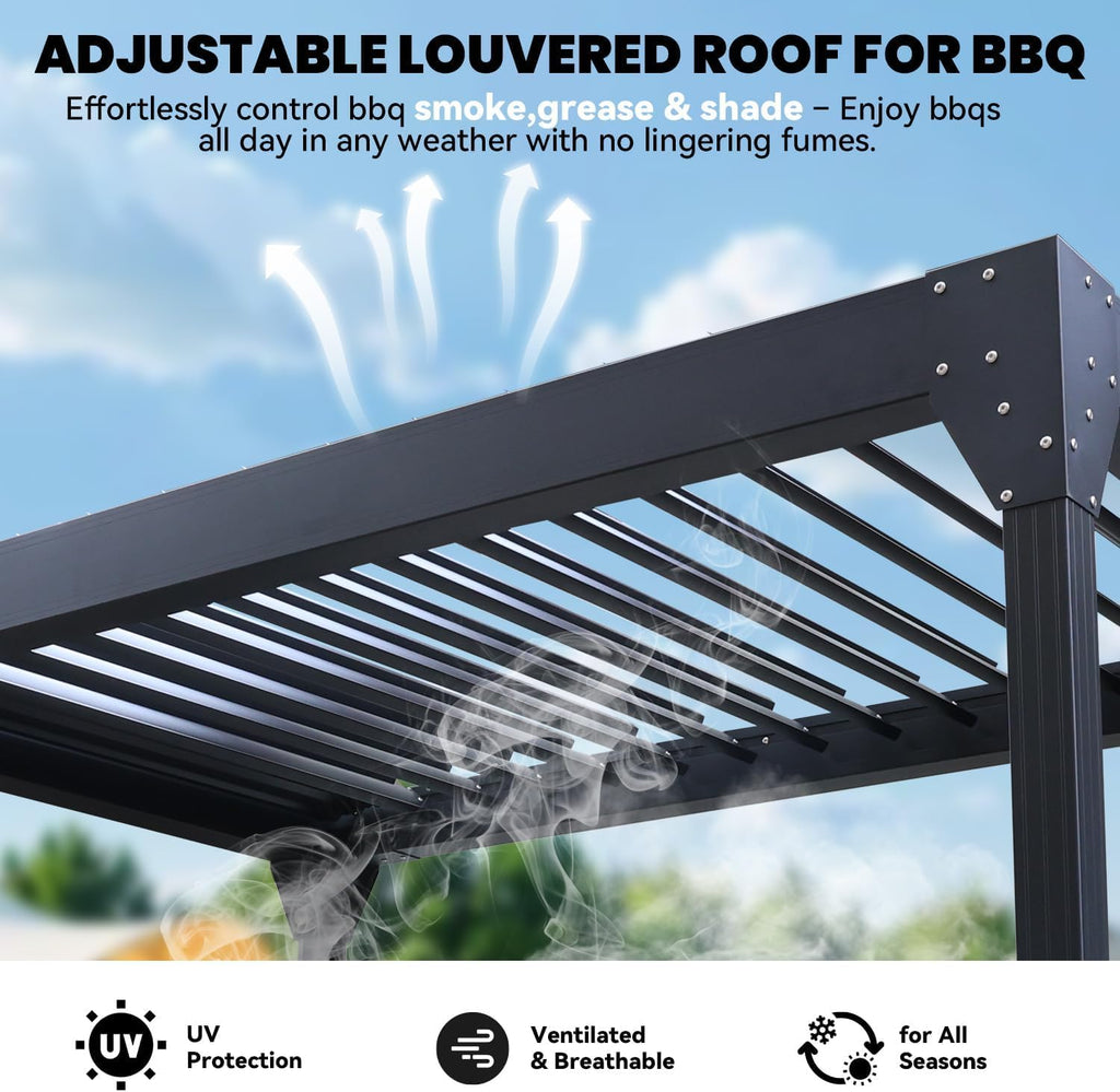 MELLCOM Grill Pergola 8x5.2ft with Adjustable Louvered Roof, Aluminum Gazebo with 2 Shelves & Rain Gutter, Weatherproof Outdoor Shelter for BBQ & Patio, Black