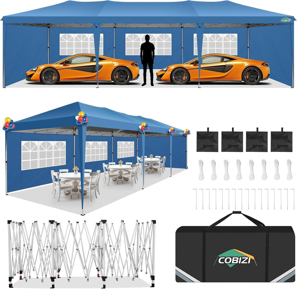 COBIZI 10x30 Pop Up Canopy Tent with 5 Sidewalls Party Tents for Parties Weddings Backyard Waterproof Commercial Instant Outdoor Events Tent with Stakes, Ropes,Sandbags（10 x 30 ft Blue
