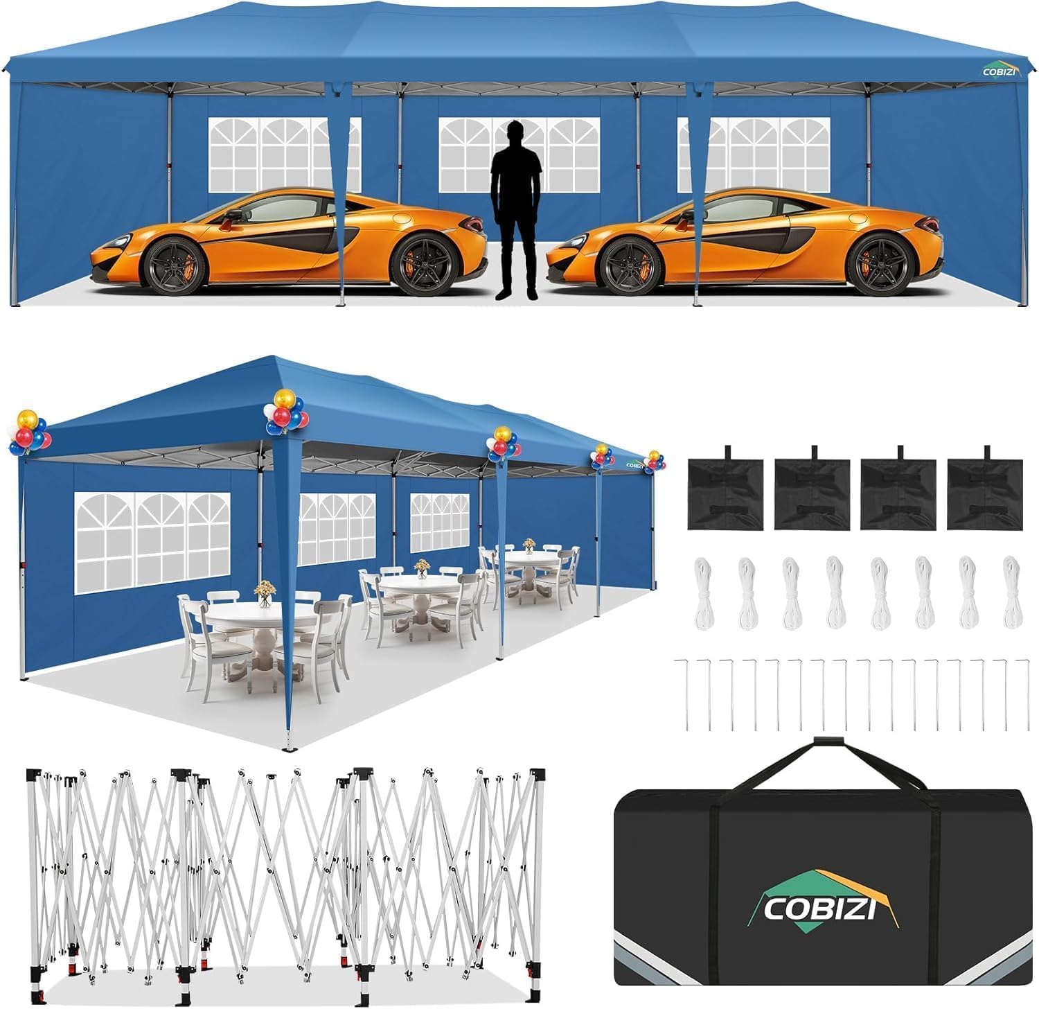 COBIZI 10x30 Pop Up Canopy Tent with 5 Sidewalls Party Tents for Parties Weddings Backyard Waterproof Commercial Instant Outdoor Events Tent with Stakes, Ropes,Sandbags（10 x 30 ft Blue