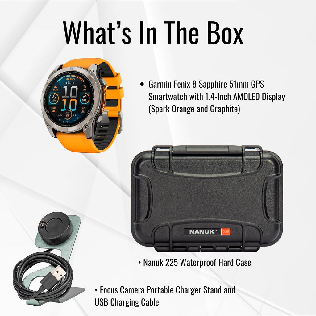Garmin Fenix 8 Sapphire 51mm GPS Smartwatch with 1.4-Inch AMOLED Display (Spark Orange and Graphite) Bundle with Focus Camera Charger Stand and Focus Charger Port Protectors (9-Pack) (3 Items)
