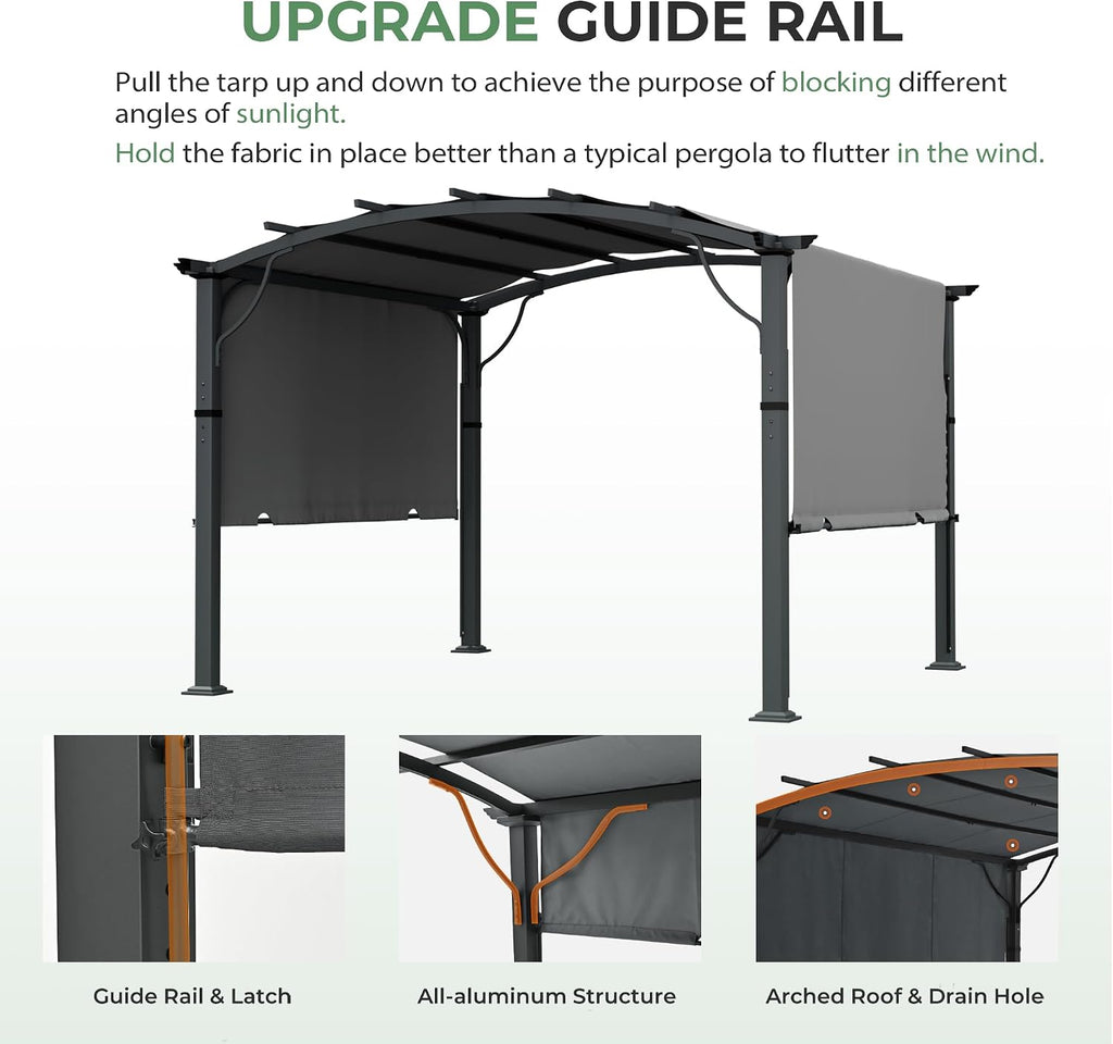 10' x10' Arched Outdoor Pergola for Deck, Outdoor Retractable Pergola with Canopy and Hardware, Small Aluminum Frame with Canopy Fixed in Various Positions (Grey)
