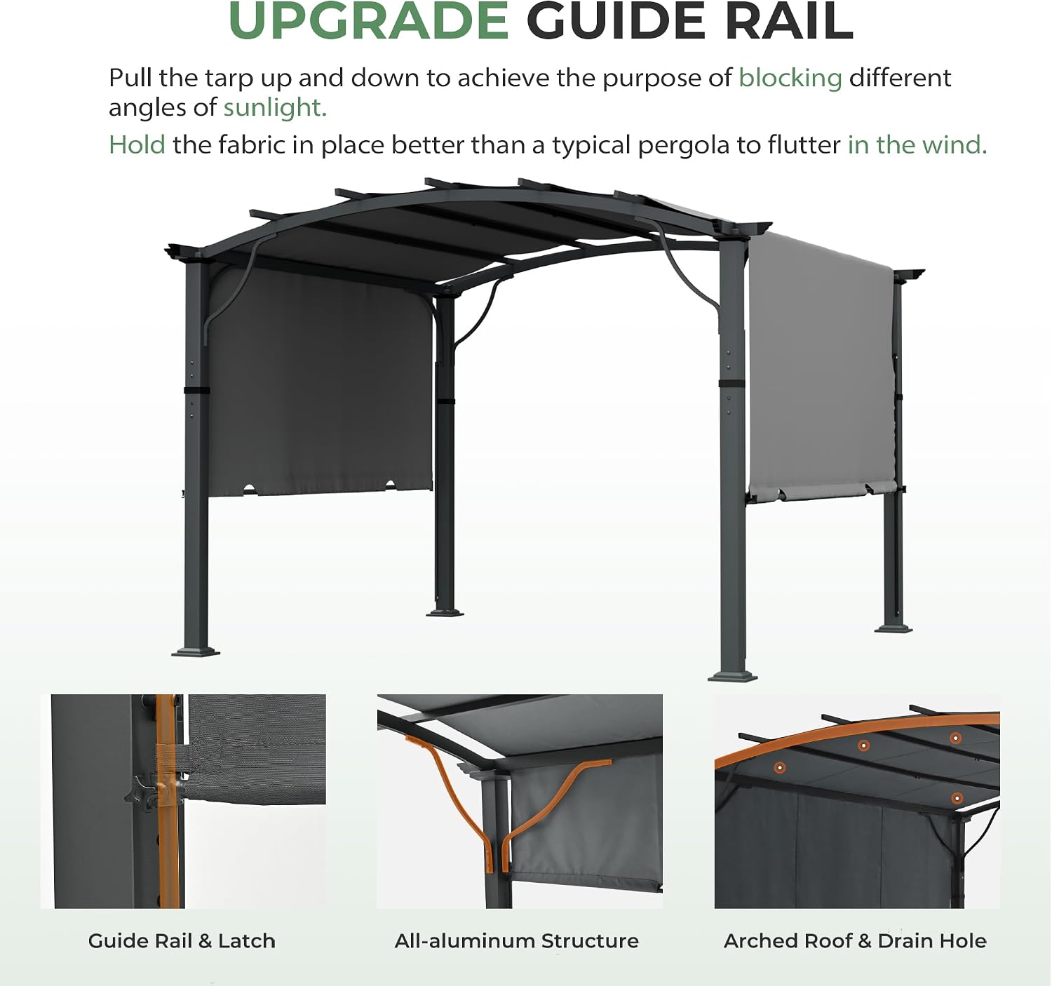 10' x10' Arched Outdoor Pergola for Deck, Outdoor Retractable Pergola with Canopy and Hardware, Small Aluminum Frame with Canopy Fixed in Various Positions (Grey)