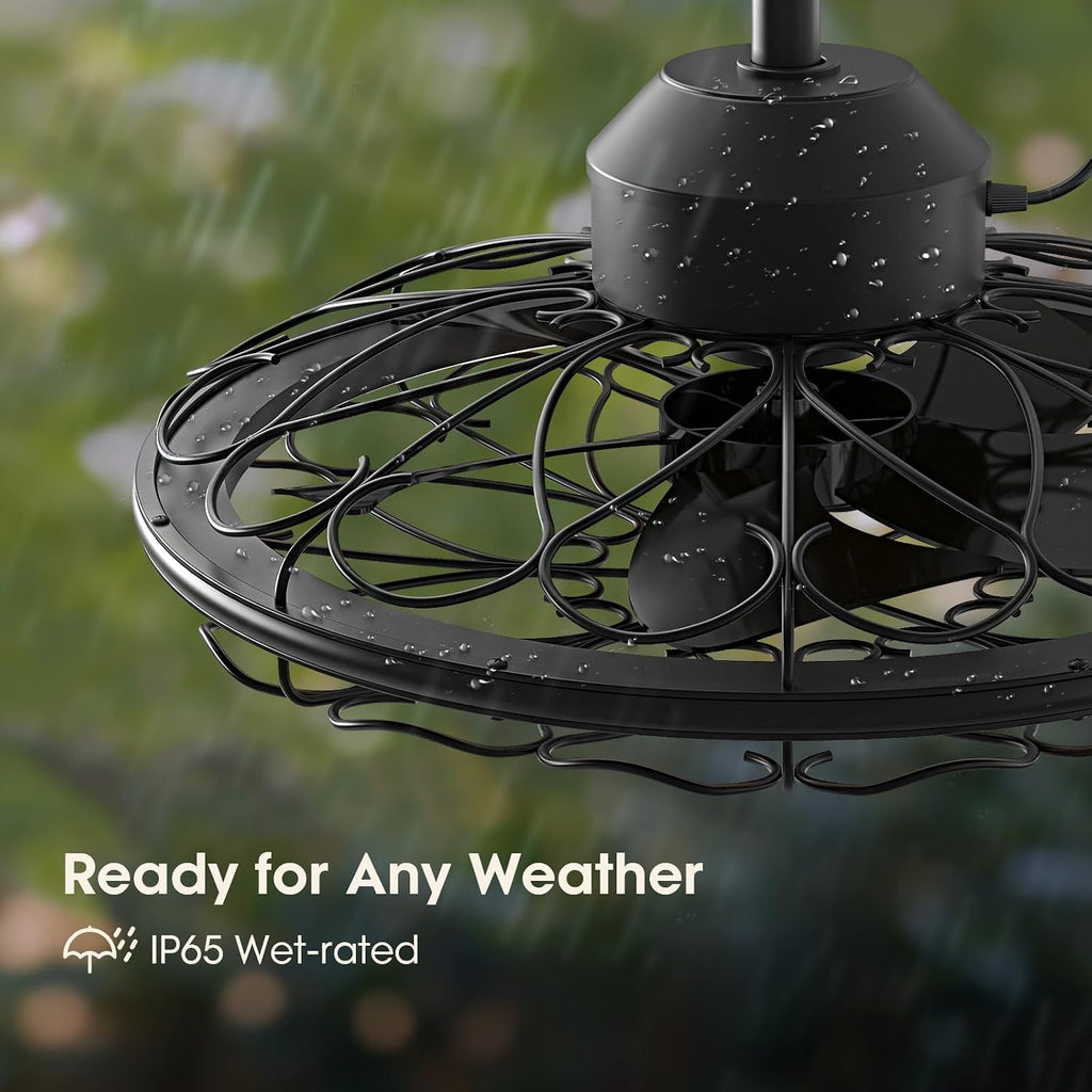 20' Outdoor Ceiling Fan, IP65 Waterproof Gazebo Fan with Light, Remote Control，6 Speeds，3CCT, Plug in Caged Ceiling Fan with Hanging Hook for Patio, Porch, Canopy