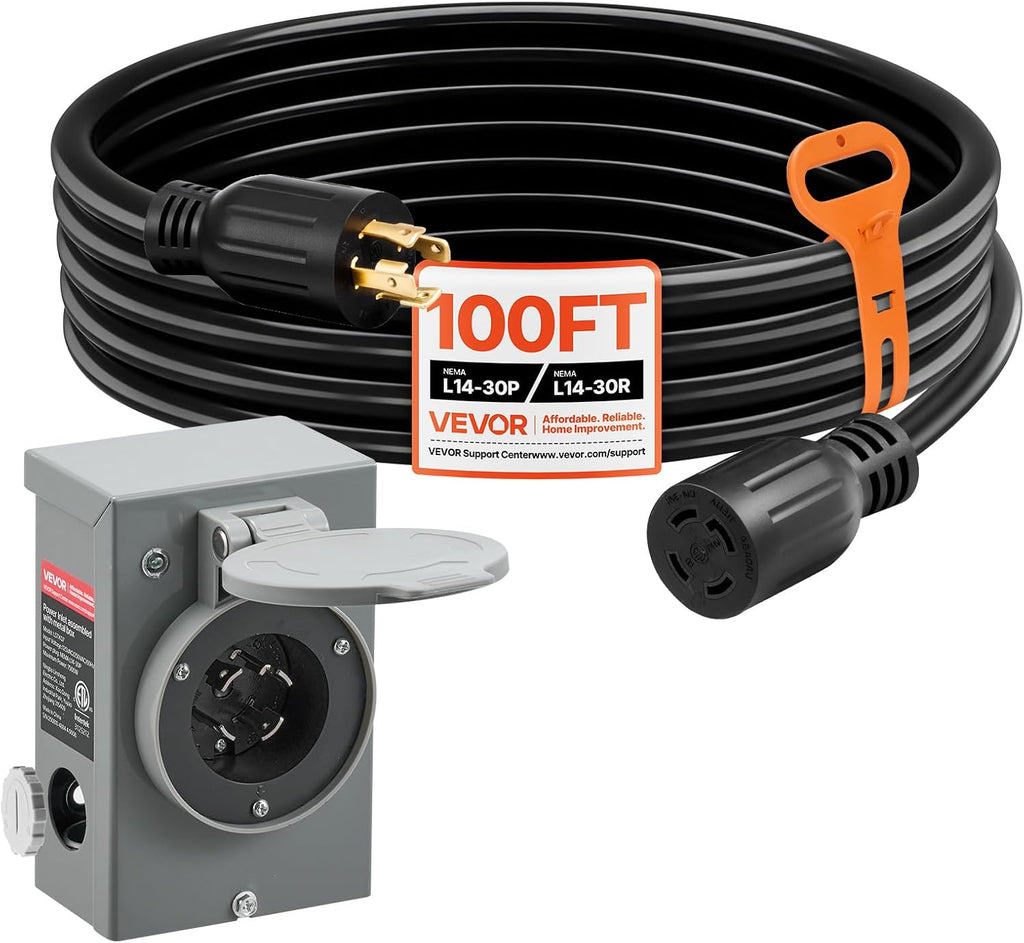 VEVOR 30 Amp Generator Cord and Power Inlet Box, 100 FT, 125/250V NEMA L14-30P to L14-30R Heavy Duty Extension Power Cord, SJTW 10AWG 7500W, Pre-Drilled Inlet Box, for Generator to House, ETL Listed