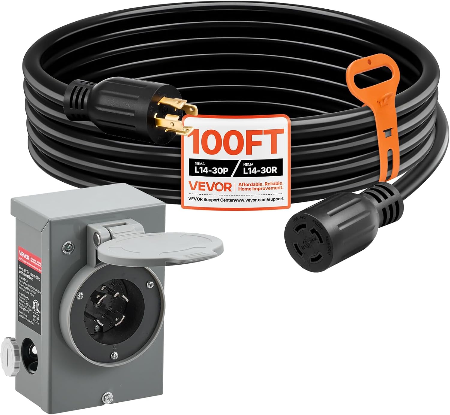 VEVOR 30 Amp Generator Cord and Power Inlet Box, 100 FT, 125/250V NEMA L14-30P to L14-30R Heavy Duty Extension Power Cord, SJTW 10AWG 7500W, Pre-Drilled Inlet Box, for Generator to House, ETL Listed