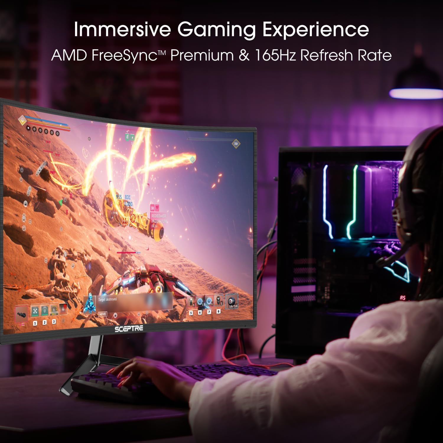 Sceptre 24-inch Curved Gaming Monitor 1080p up to 180Hz DisplayPort HDMI 99% sRGB, AMD FreeSync Build-in Speakers Machine Black (C248B-FWT168)