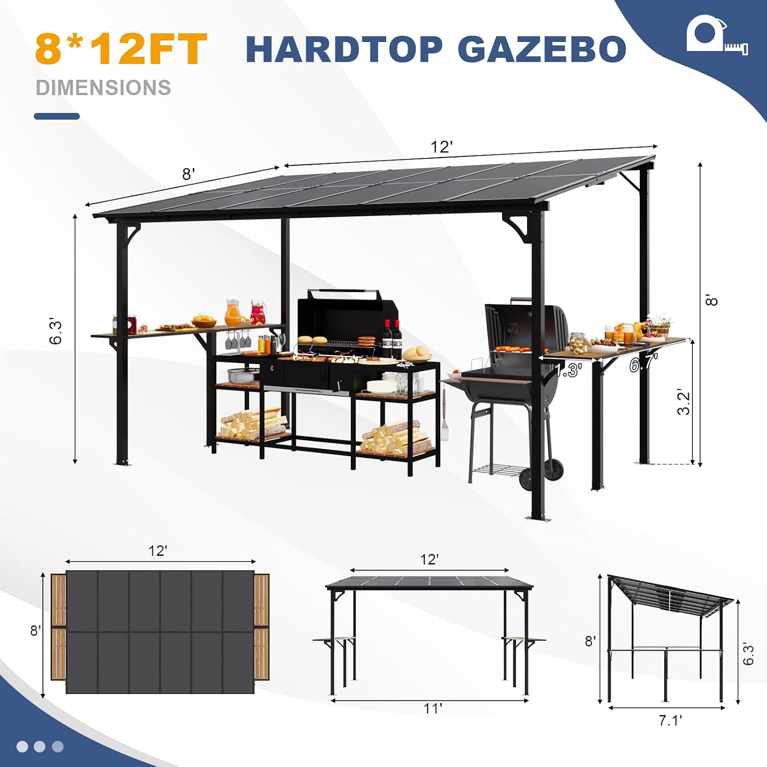 MEISSALIVVE 8' x 12' Wall Mounted Gazebo, Outdoor BBQ Grill Gazebo with Side Shelf, Lean to Metal Awnings with Sloped Roof, Heavy Duty Pergola for Backyard, Deck, Black
