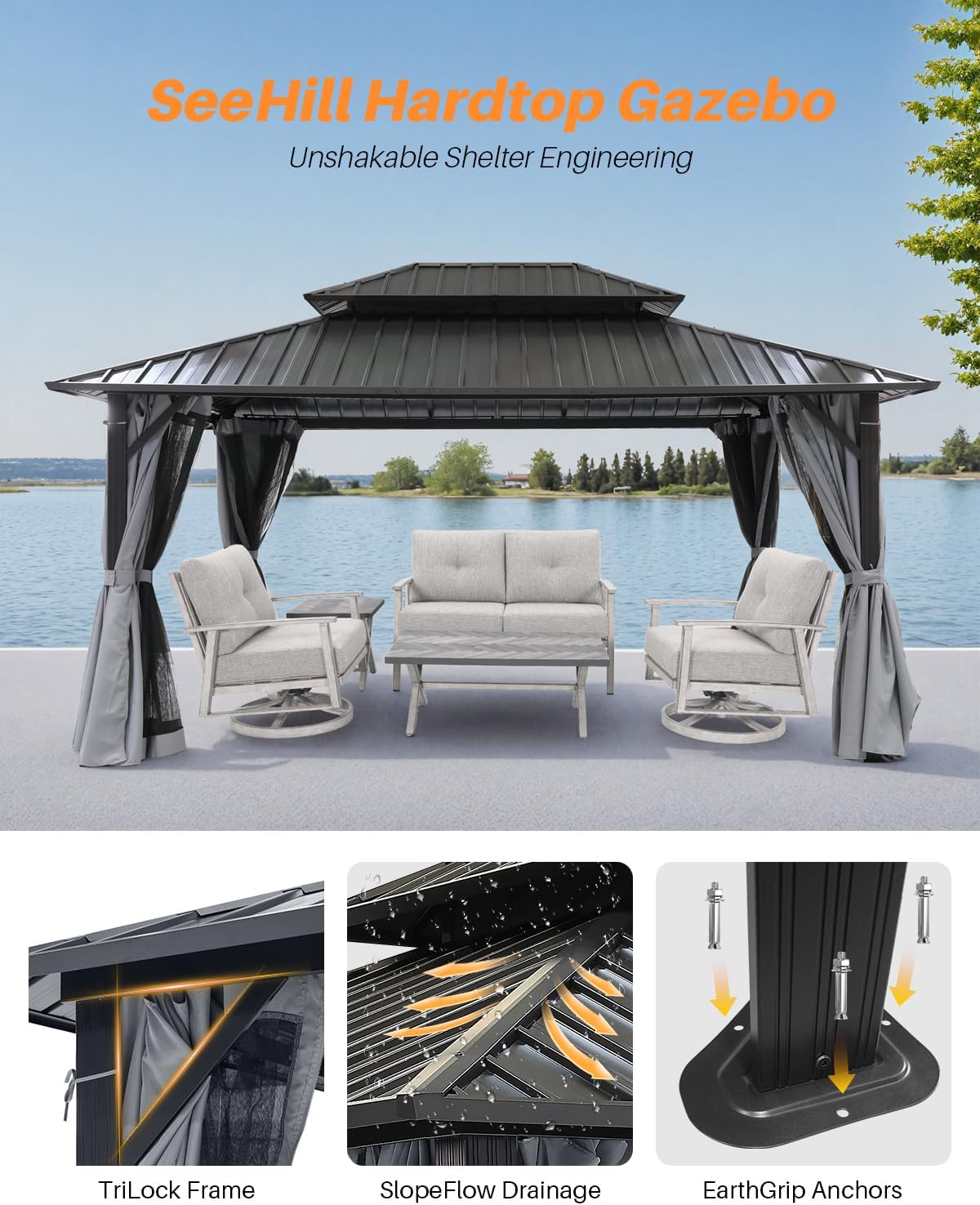 10' x 12' Hardtop Gazebo, Aluminum Frame Outdoor Patio Gazebo with Netting and Curtains, Outdoor Hardtop Gazebos, Patio Pergolas with Double Metal Roofs for Backyard, Patio, Deck, Slate Gray
