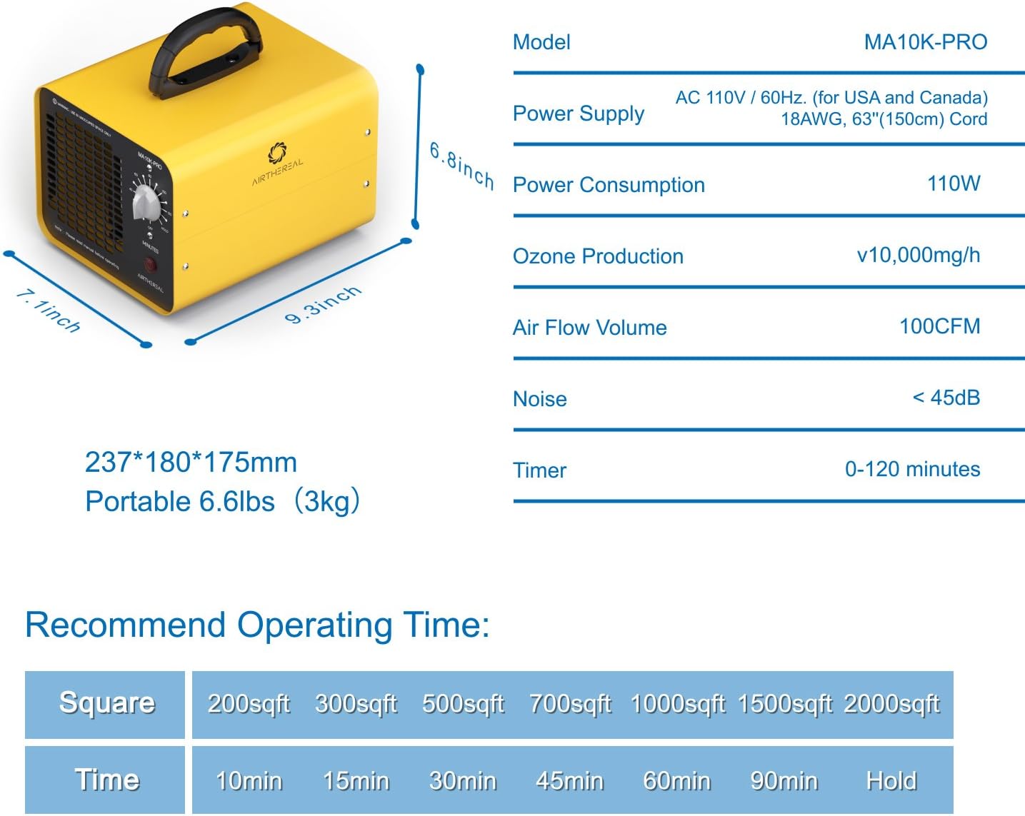 Airthereal MA10K-PRO Ozone Generator - High Capacity O3 Machine for Areas of 3500+ Square Feet, Home Ionizer Odor Remover, Yellow
