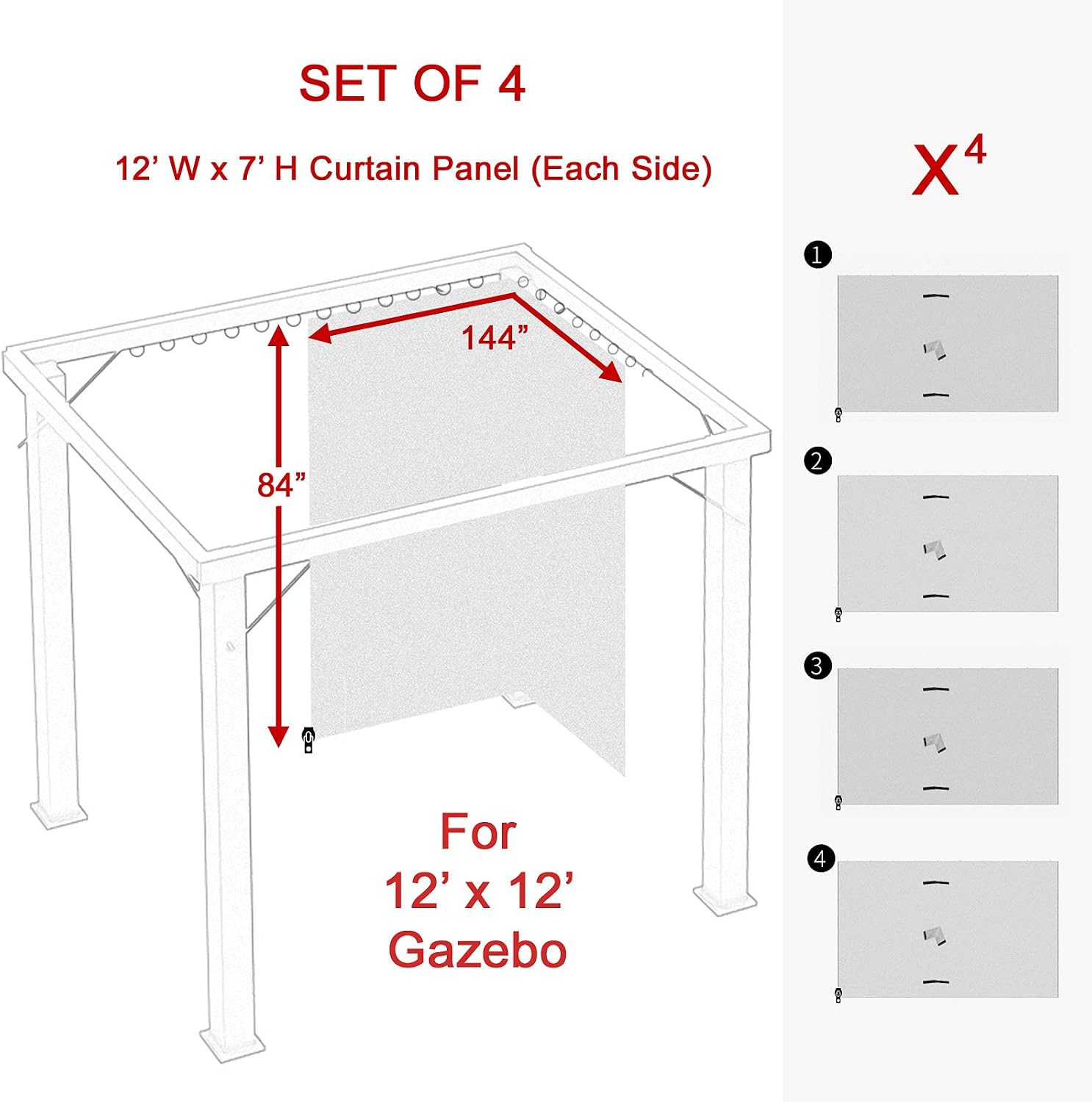Westcharm Universal Gazebo Curtains 12' X 12' Replacement 4 Panels Privacy Curtain Set for Gazebo Outdoor (Privacy Side Wall Set Only)