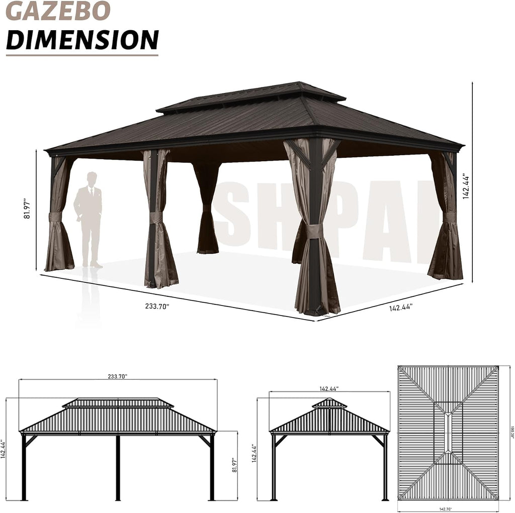 12' x 20' Outdoor Hardtop Gazebo with Gutters, Double Roof Galvanized Metal Gazebo for Backyard, Patio, Deck, Hot Tub, Heavy Duty Permanent Gazebos with Curtains and Netting -Brown