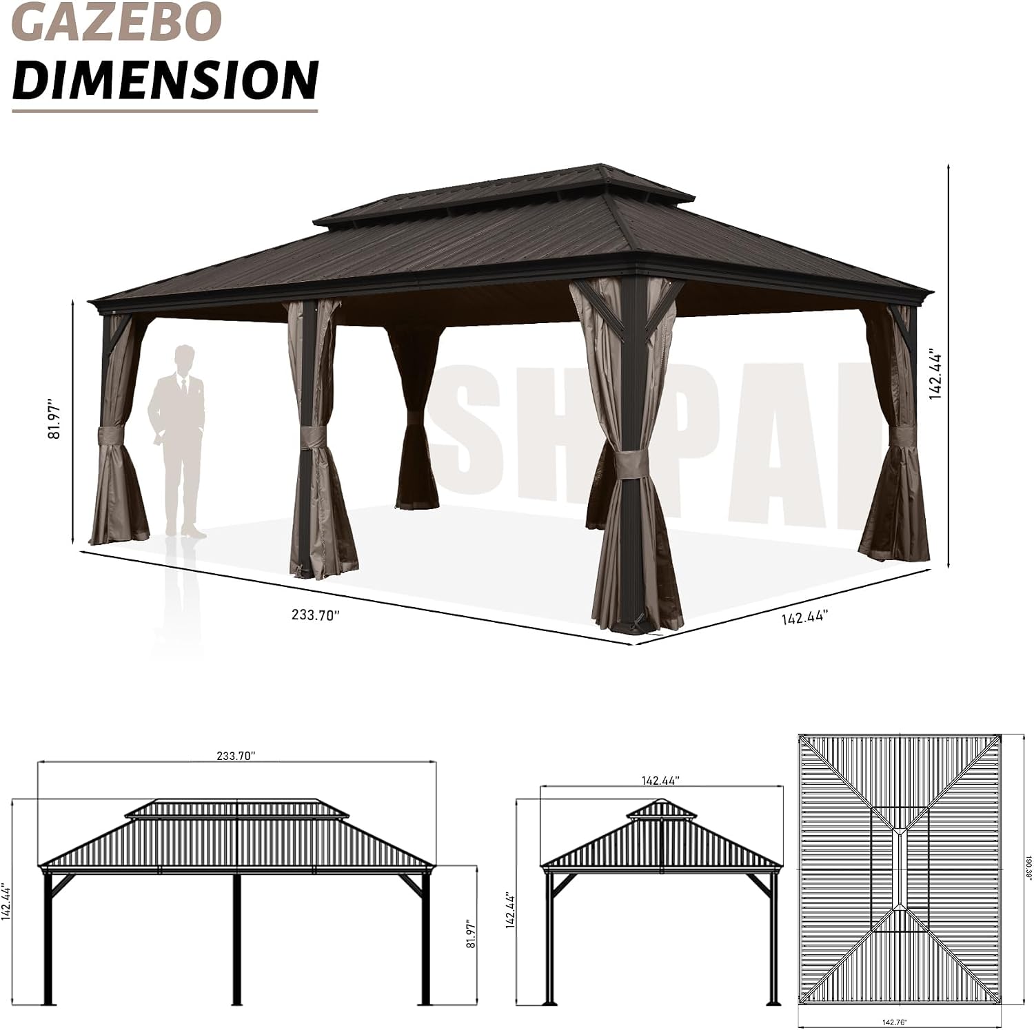 12' x 20' Outdoor Hardtop Gazebo with Gutters, Double Roof Galvanized Metal Gazebo for Backyard, Patio, Deck, Hot Tub, Heavy Duty Permanent Gazebos with Curtains and Netting -Brown