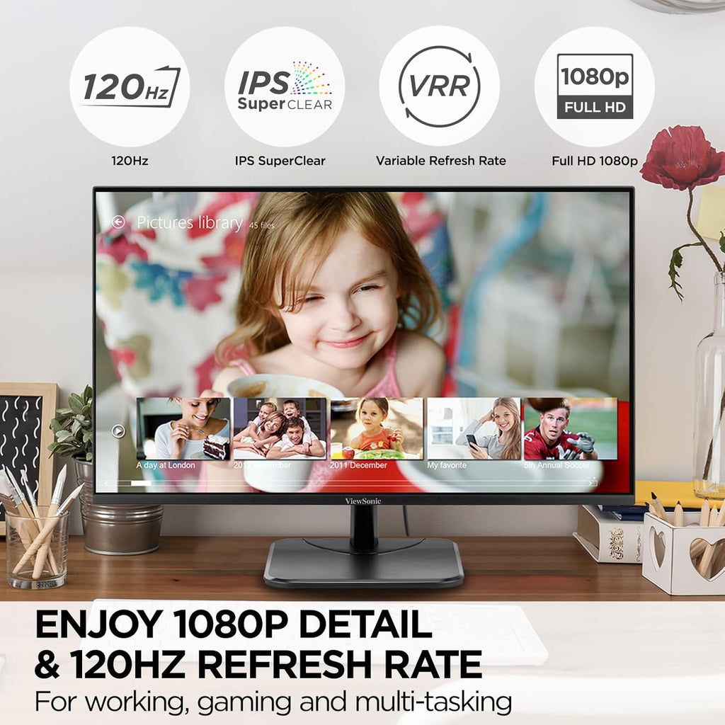 ViewSonic VA2456A-MHD 24 Inch 1080p Monitor, IPS Display with 120Hz for Enhanced Home and Office Productivity, Eye Care Technology, HDMI, DisplayPort, and VGA Inputs