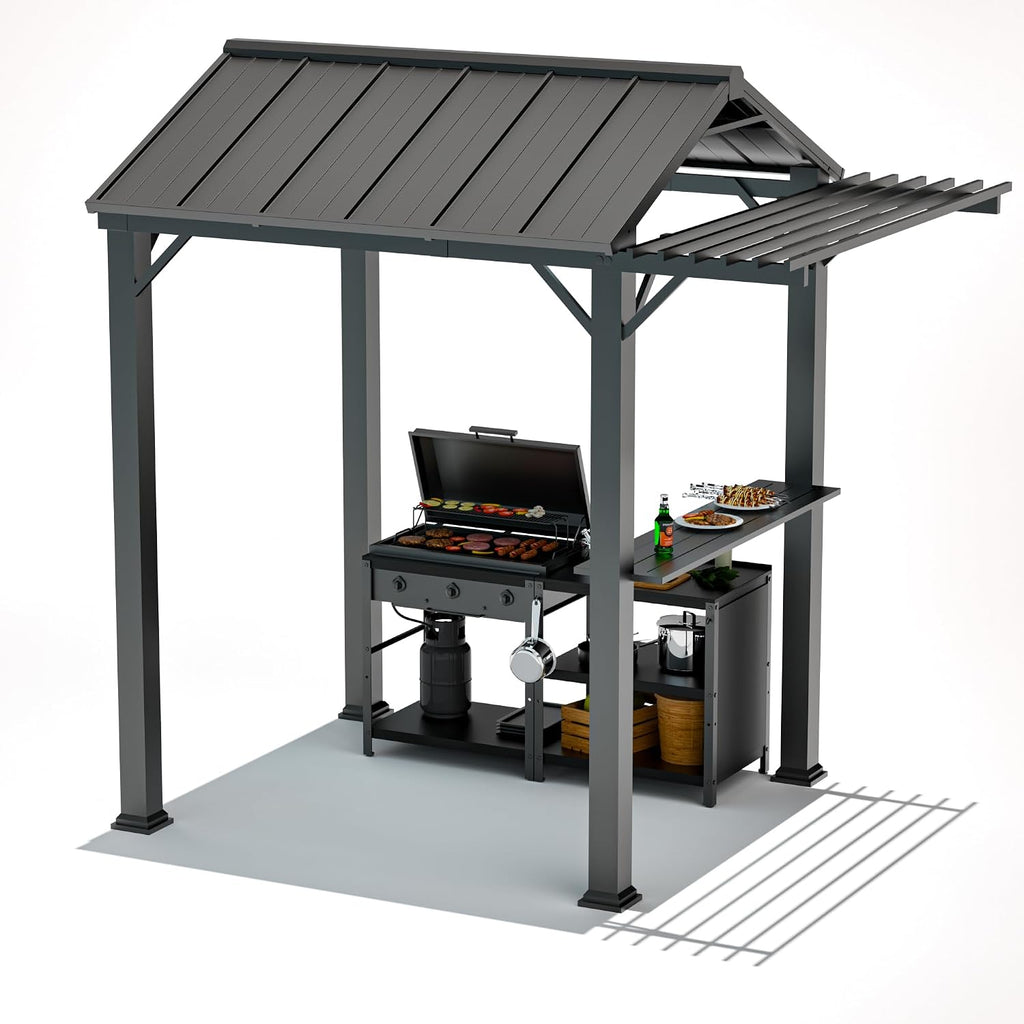 Big Leaf 6'x8' Grill Gazebo Hardtop with Galvanized Steel Roof, BBQ Gazebo with Pergola Extension, Outdoor Canopy with Rust-Resistant Metal Frame for All-Season BBQ & Patio Use