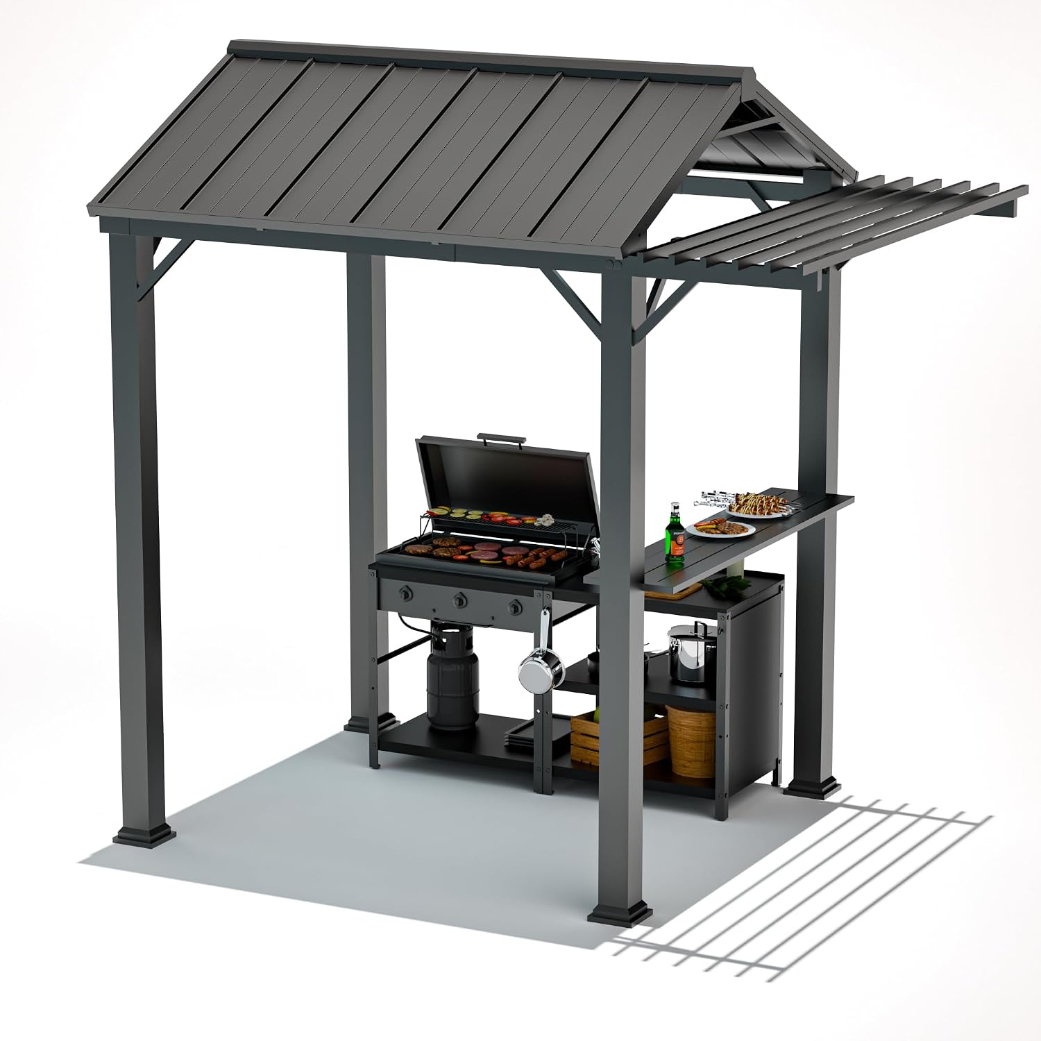 Modern Shade 6'x8' Grill Gazebo Hardtop with Galvanized Steel Roof, BBQ Gazebo with Pergola Extension, Outdoor Canopy with Rust-Resistant Metal Frame for All-Season BBQ Patio Backyard
