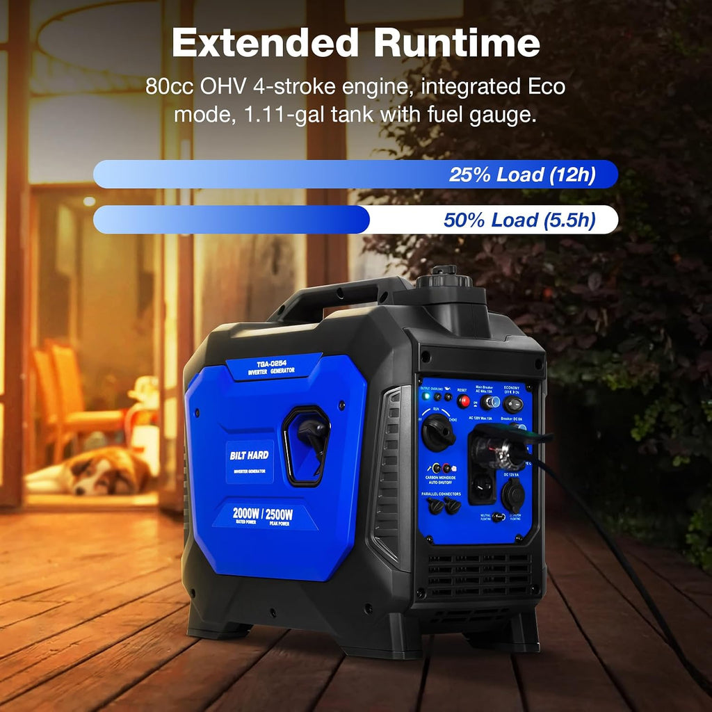 BILT HARD Gas Generator 2500W, 80cc 4 Stroke Quiet Inverter Generator with CO Sensor, Parallel Ready,120V AC Duplex Receptacle and 12V DC Output, Outdoor Generators for Camping, Home Use, 49-State
