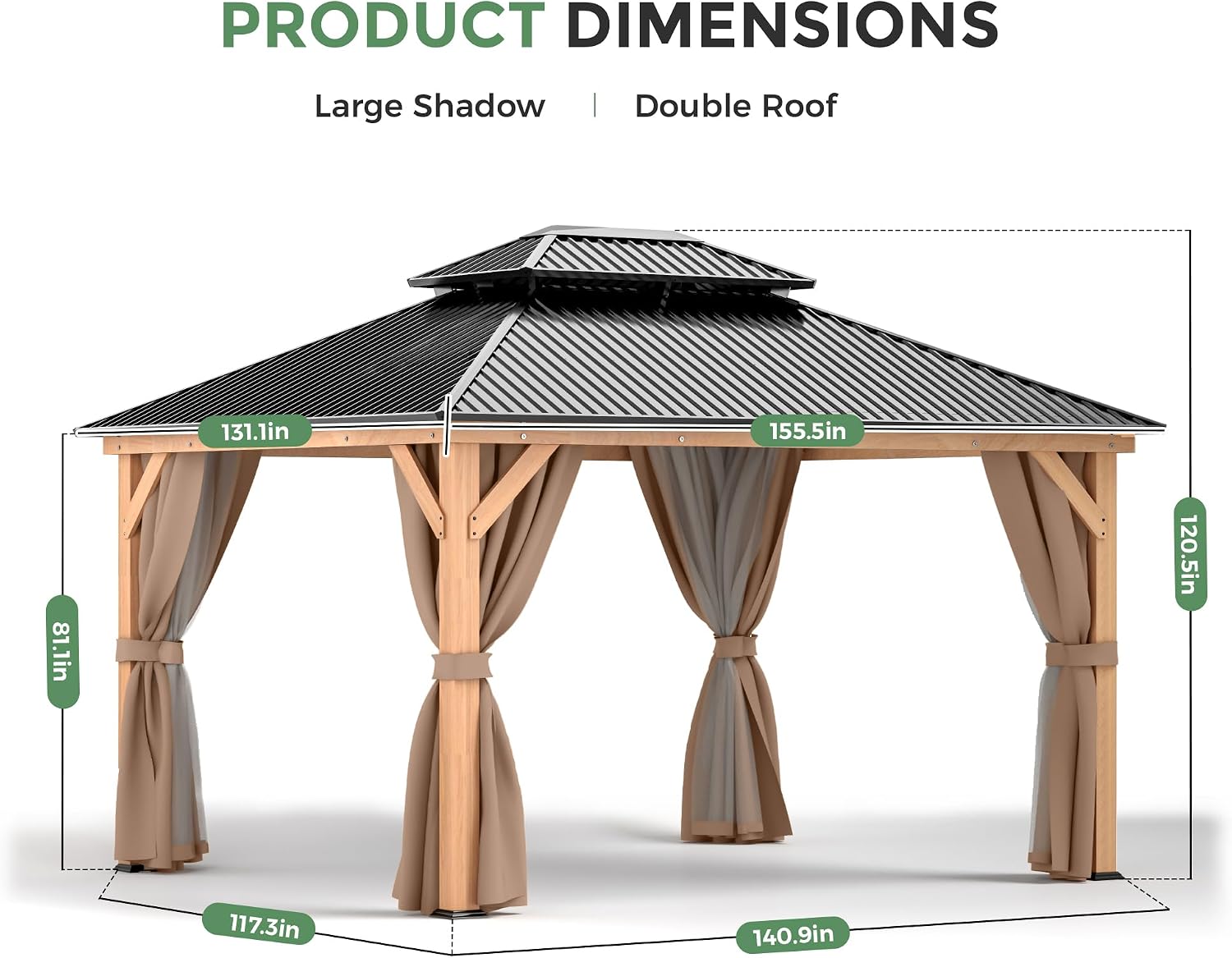 11x13 Wood Gazebo, Outdoor Hardtop Gazebo with Netting and Curtains, Double Galvanized Steel Roof, Deck Hard Top for Backyard, Patio (Brown)