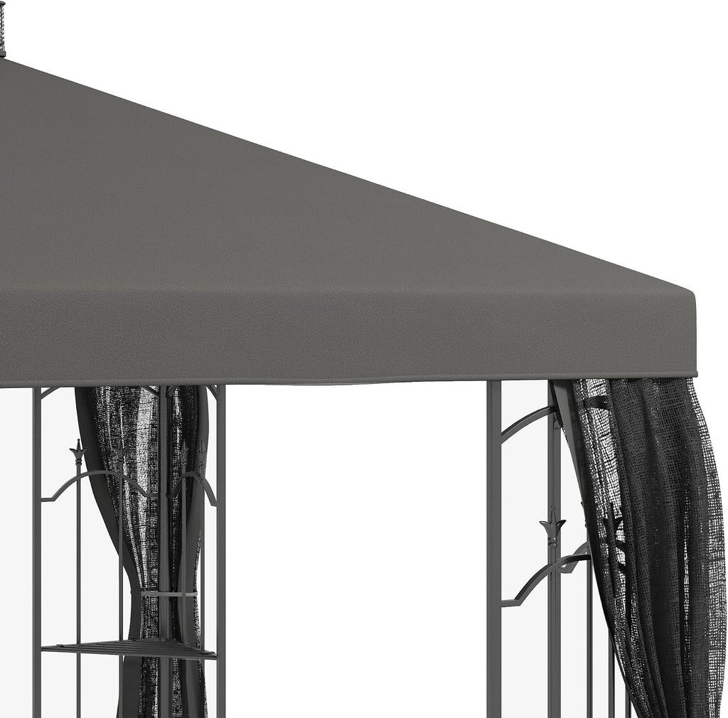 Outsunny 10' x 12' Patio Gazebo with Corner Frame Shelves, Double Roof Outdoor Gazebo Canopy Shelter with Netting for Patio, Wedding, Catering & Events, Gray