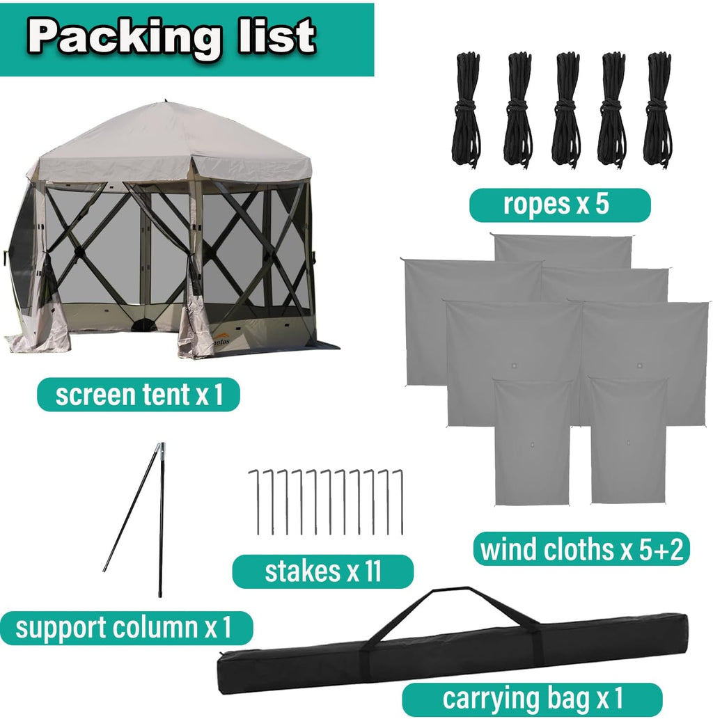 Lenotos Pop Up Screen Tent, 12'x12' Windproof & UV Protection Sun Shelter, Portable Instant Setup, 6-Sided Screen Tent for Picnic, Camping, Backyard, Outdoor (Grey)