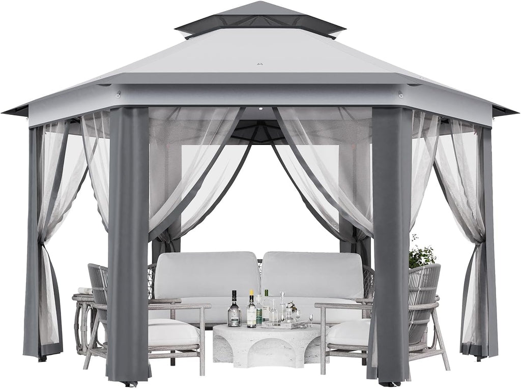 13x13ft Popup Hexagonal Gazebo with Mosquito Net, Adjustable Outdoor Hexagonal Canopy with Portable Handbag for Garden/Backyard/Patio - Gray (Light Gray+Dark Gray)
