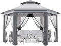 13x13ft Popup Hexagonal Gazebo with Mosquito Net, Adjustable Outdoor Hexagonal Canopy with Portable Handbag for Garden/Backyard/Patio - Gray (Light Gray+Dark Gray)
