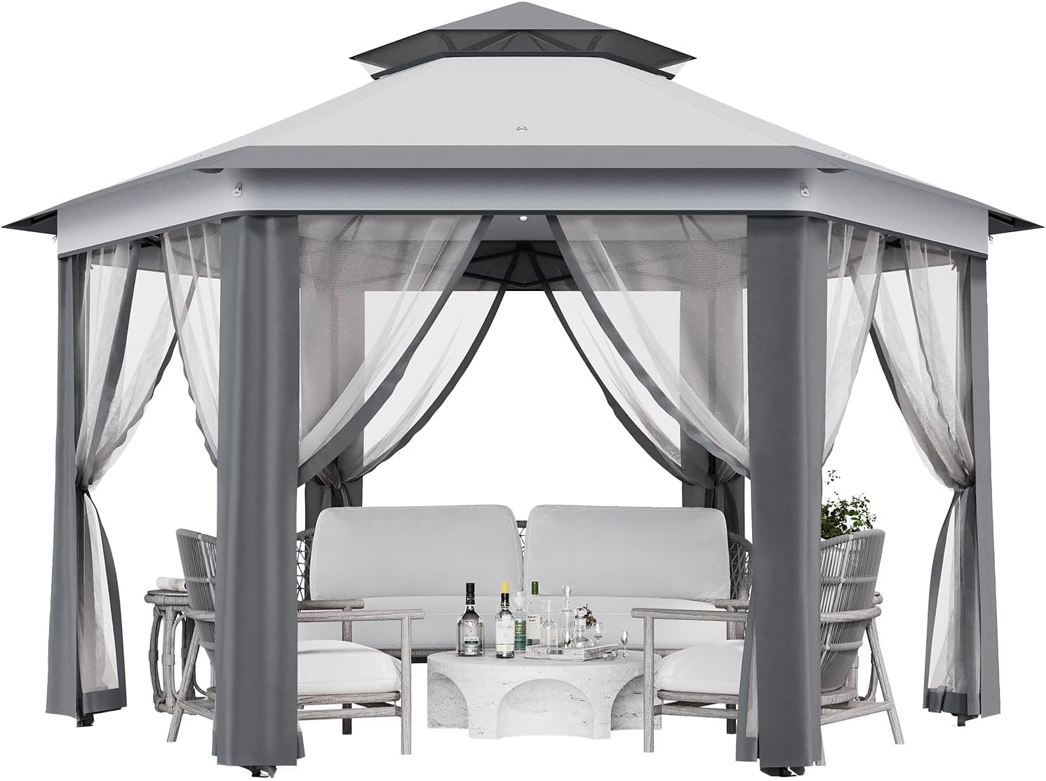 13x13ft Popup Hexagonal Gazebo with Mosquito Net, Adjustable Outdoor Hexagonal Canopy with Portable Handbag for Garden/Backyard/Patio - Gray (Light Gray+Dark Gray)