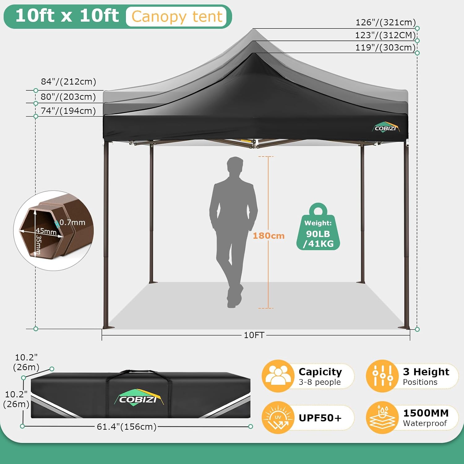 COBIZI 10x10 Pop Up Heavy Duty Canopy with 4 Sidewalls and Hexagonal Legs, Easy up Tent for Events, Parties, Camping, Outdoor Canopy with Portable Bag, Waterproof & UPF50+ (Black)
