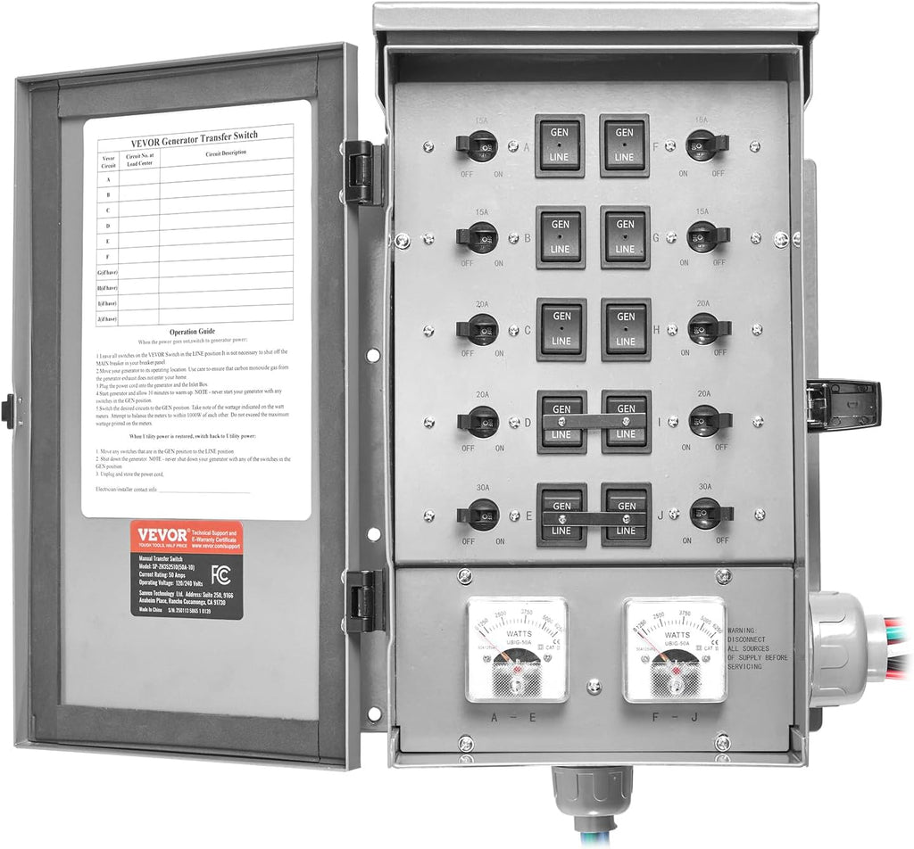 VEVOR Manual Transfer, 50-Amp 10-Circuit, Prewired Generator Transfer Kit with CS6375 Plug Power Inlet Box, Double-Throw, NEMA 3R, Mechanical Watt Meter, for 12500W Generators