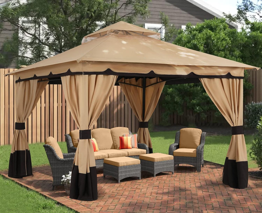 ABCCANOPY 10x12 Outdoor Gazebo, Double Roof Patio Gazebo with Shade Curtains, Beige