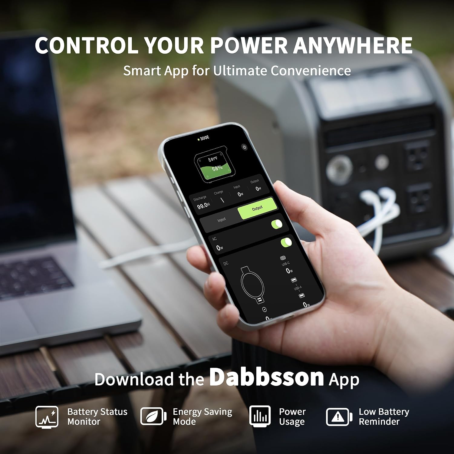 Dabbsson 298Wh Portable Power Station, 300W Solar Generator, 1.5X Extended Runtime,2xPure Sine Wave AC Outlets,60W USB-C, Smart APP, 300E Semi-Solid LiFePO4 Battery,for Outdoor Camping, Travel