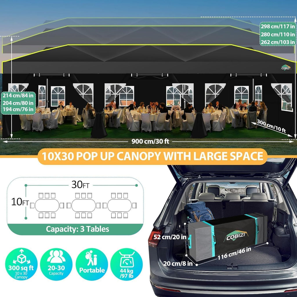 COBIZI 10x30 Pop Up Canopy with Sidewalls, One Push Easy Up Canopy UPF 50+ Waterproof Gazebo Party Tents for Parties, Backyard, Commercial Event, Black
