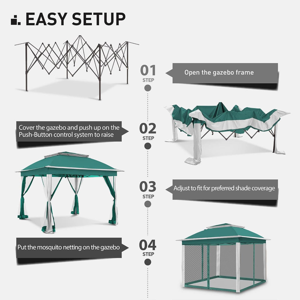 Joyside Pop Up Canopy Tent - 11'x11' Green Gazebo with Mosquito Netting