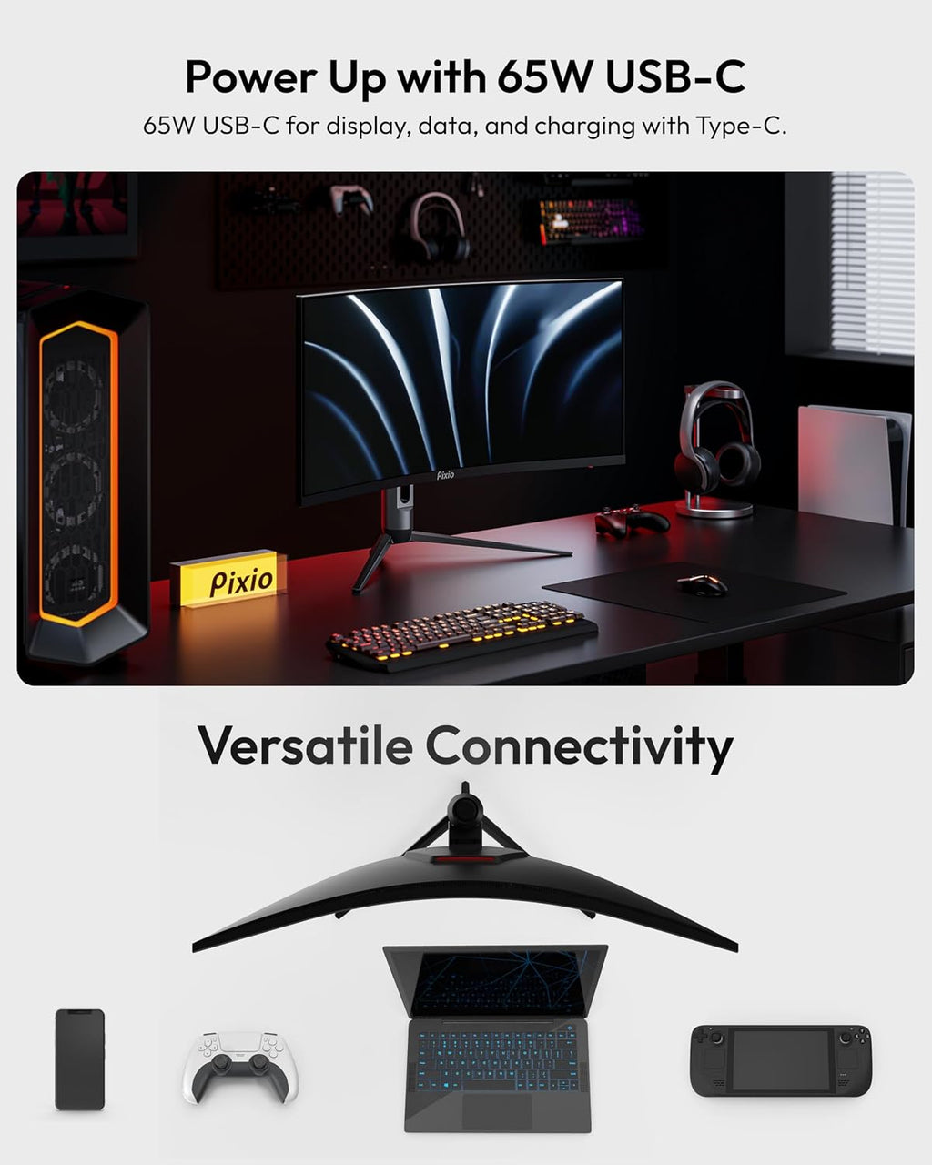 Pixio PXC348C Neo 34 inch 180Hz Refresh Rate UWQHD 1440p Ultrawide Resolution 1000R Curve Fast VA Panel 1ms Response Time USB-C Displayport 65W Charging AMD FreeSync Premium HDR Curved Gaming Monitor