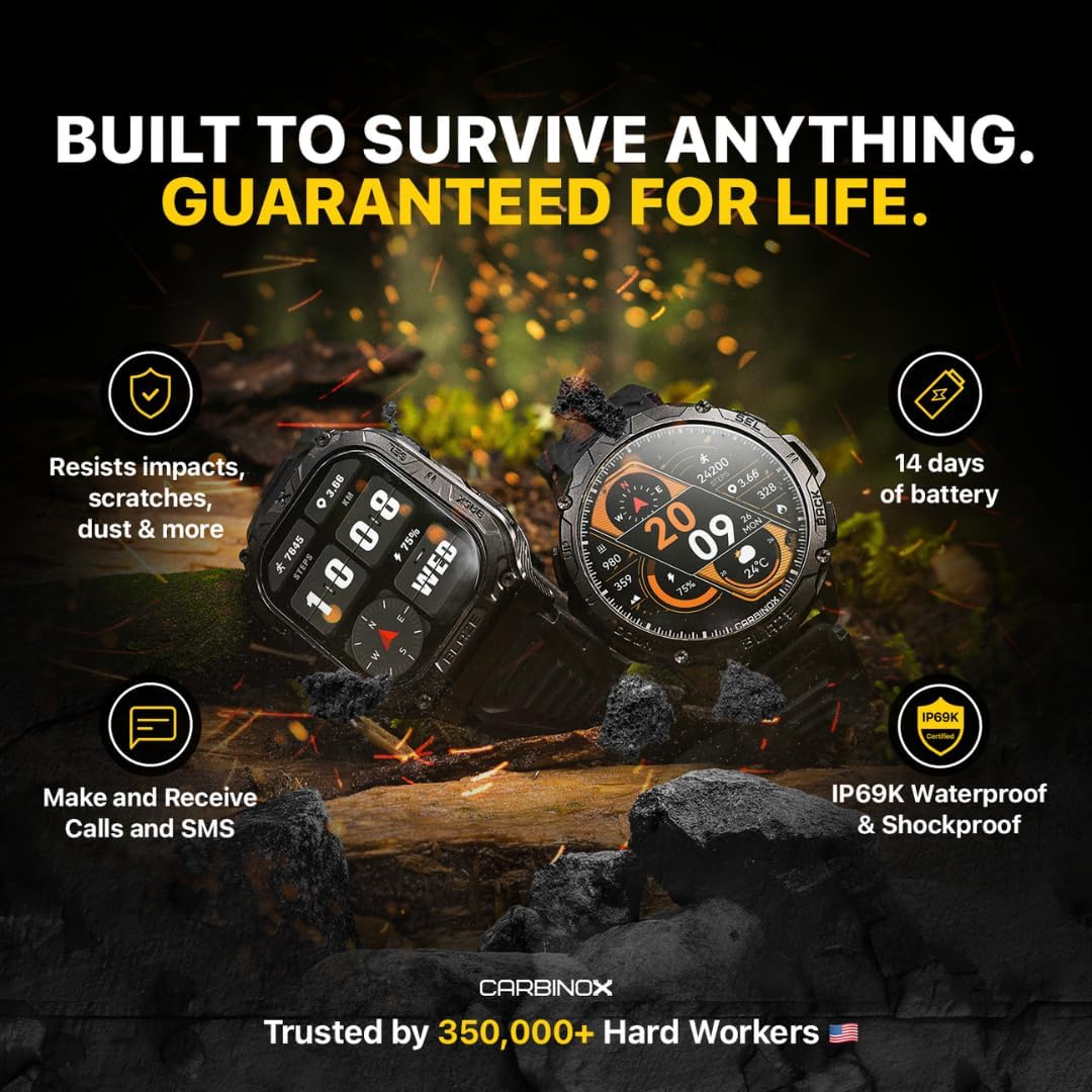 CARBINOX Blaze Smart Watch with GPS (Sport Mode), Fitness Tracker Waterproof IP69K, Compatible with Android and iOS, 170+ Sports Modes, Make/Receive Calls (Square Ultimate Pack)