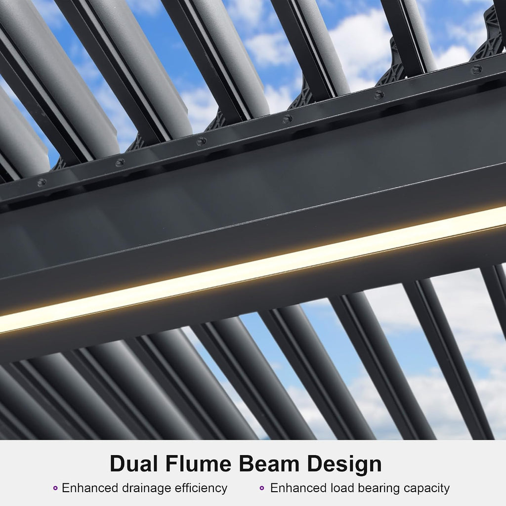 PURPLE LEAF LED Louvered Pergola 94AS 10'x 14' Full Aluminum Frame and Adjustable Roof Integrated Strip Lights for Outdoor Deck Garden Patio Gray Hardtop Gazebo Pergola