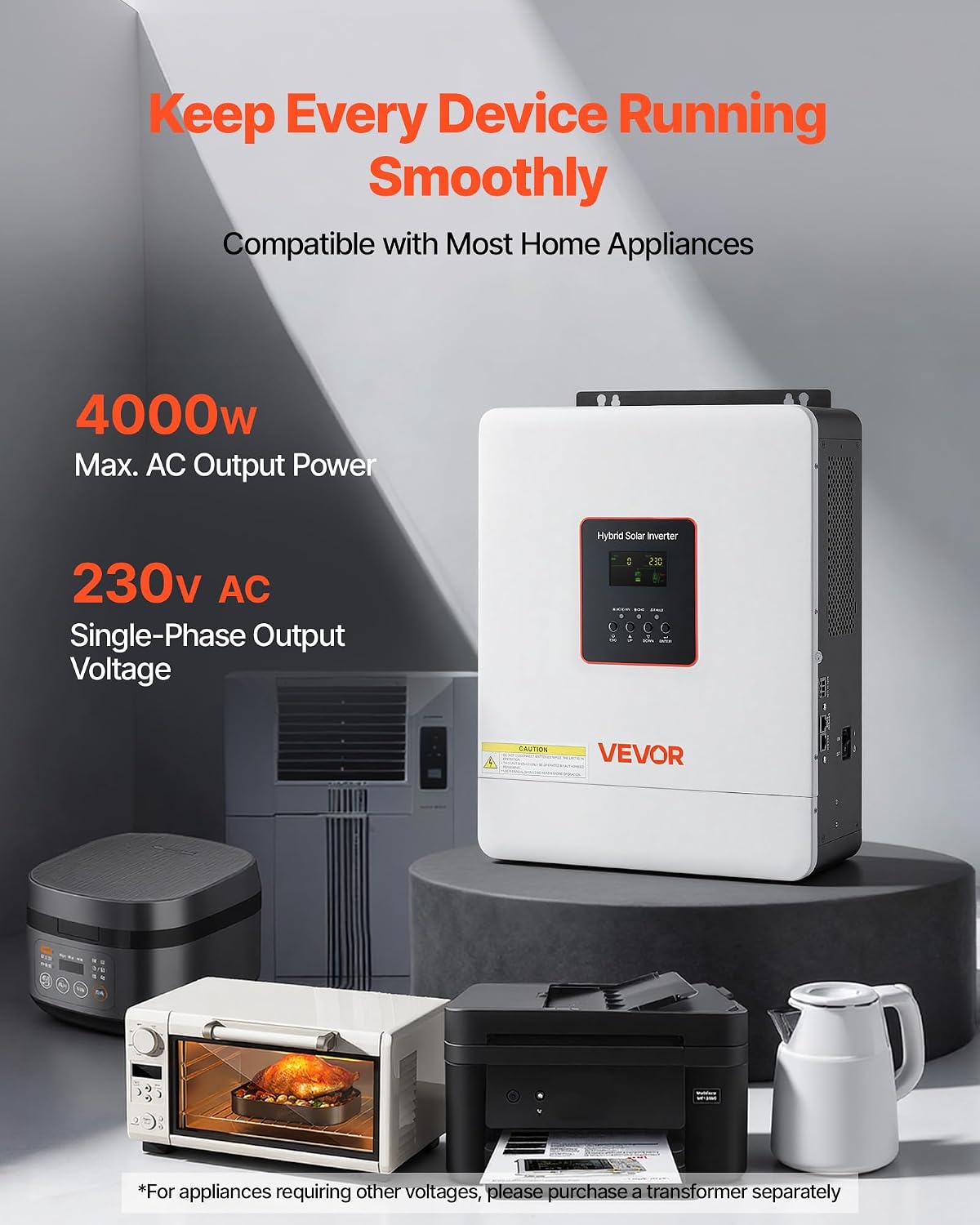 VEVOR 4000W Hybrid Solar Inverter, 24V DC to 230V AC Single-Phase, Pure Sine Wave Power Inverter, with Built-in 120A MPPT Solar Charge Controller, WiFi Module, for Lead Acid Lithium Battery Off-Grid