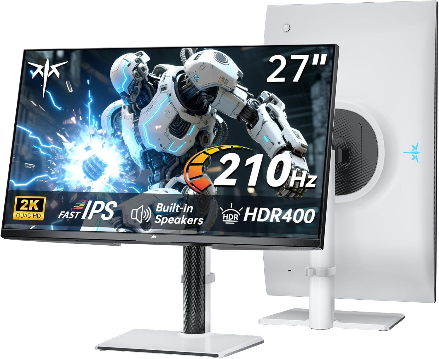 KTC 27 Inch 2K 200Hz Gaming Monitor, QHD 1440P White Monitor with Built-in Speakers, Up to 210Hz, Fast IPS, Adaptive Sync, HDR400, Height/Tilt/Swivel/Pivot Vertical Monitor, H27T6