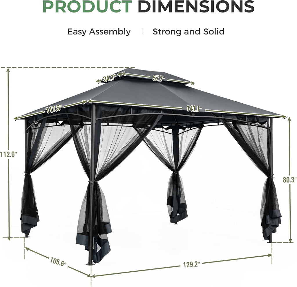 10' X 12' Patio Gazebo with Ventilation Double Roof, Outdoor Gazebo with Removable Mosquito Netting, Easy Up Metal Outdoor Canopy Shelter for Backyard, Garden, Lawn, Grey