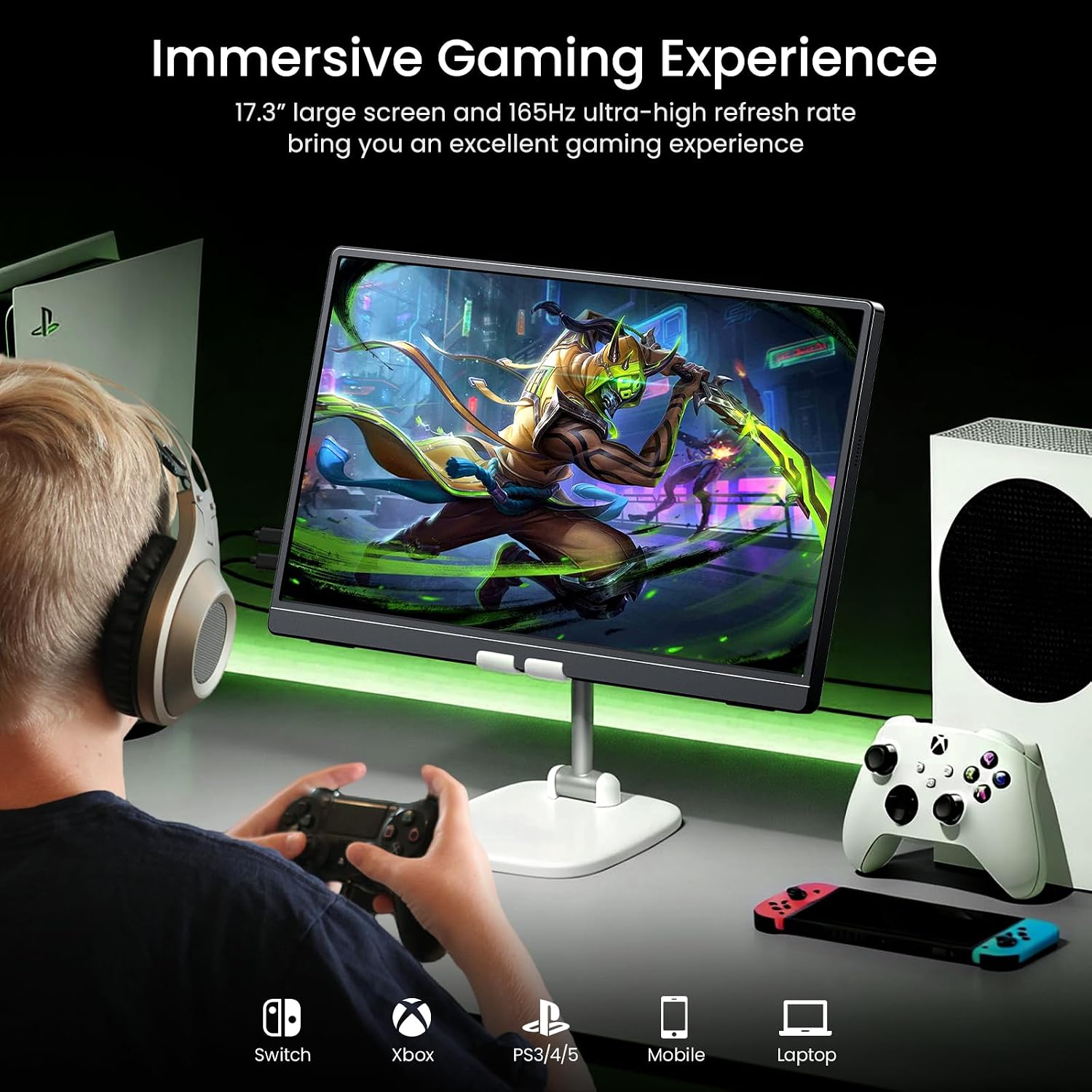 VILVA 17.3'' Portable Monitor 2.5K QHD 165Hz Gaming Display, Ultra-Slim Metal Body, Built-in Stand, USB-C HDMI External Monitor for Laptop, PC, PS5, Xbox, Switch
