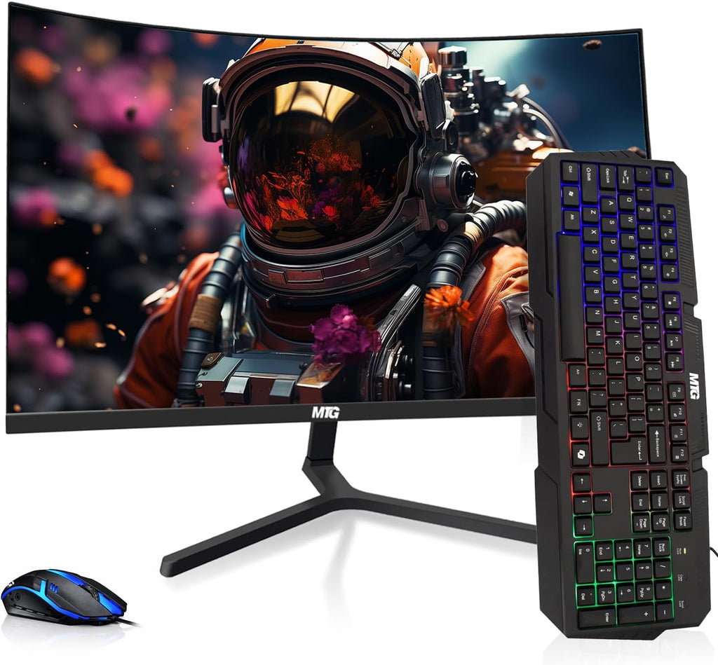 MTG 24' Curved Monitor Full HD 1080P Frameless Screen, HDMI DP USB Audio, Low Motion Blur, VESA Mount, RGB Keyboard Mouse Combo, Computer Monitor for Gaming, Home and Office