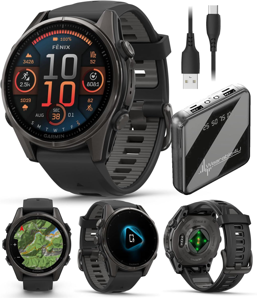Garmin Fenix 8 – 43 mm Sapphire, AMOLED Multisport GPS Smartwatch, Carbon Gray DLC Titanium with Black/Pebble Gray Silicone, Built-in LED Flashlight Power Bank Bundle