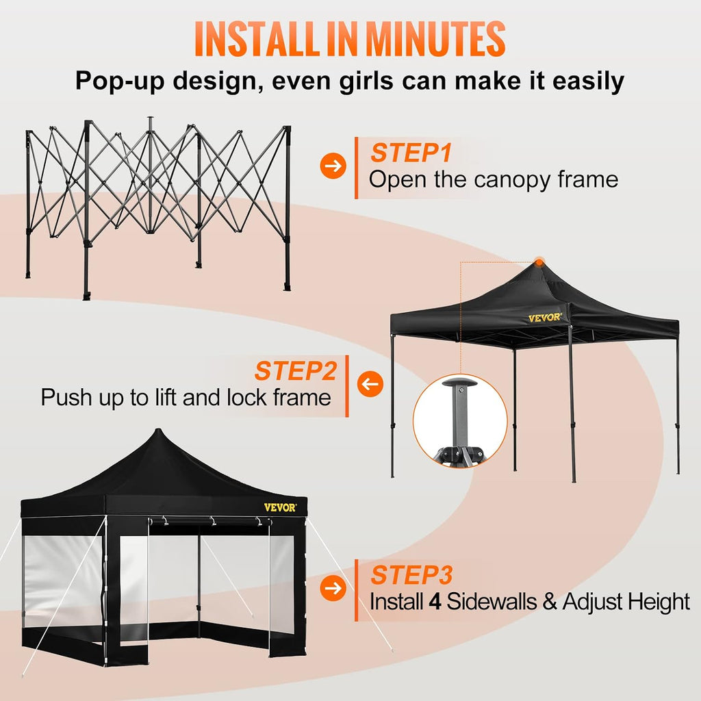 VEVOR 10x10 FT Pop up Canopy with Removable Sidewalls, Waterproof Winter Instant Canopies, Portable Gazebo Tent with Wheeled Bag, UV Resistant Enclosed Canopy for All-Weather Outdoor Events Black