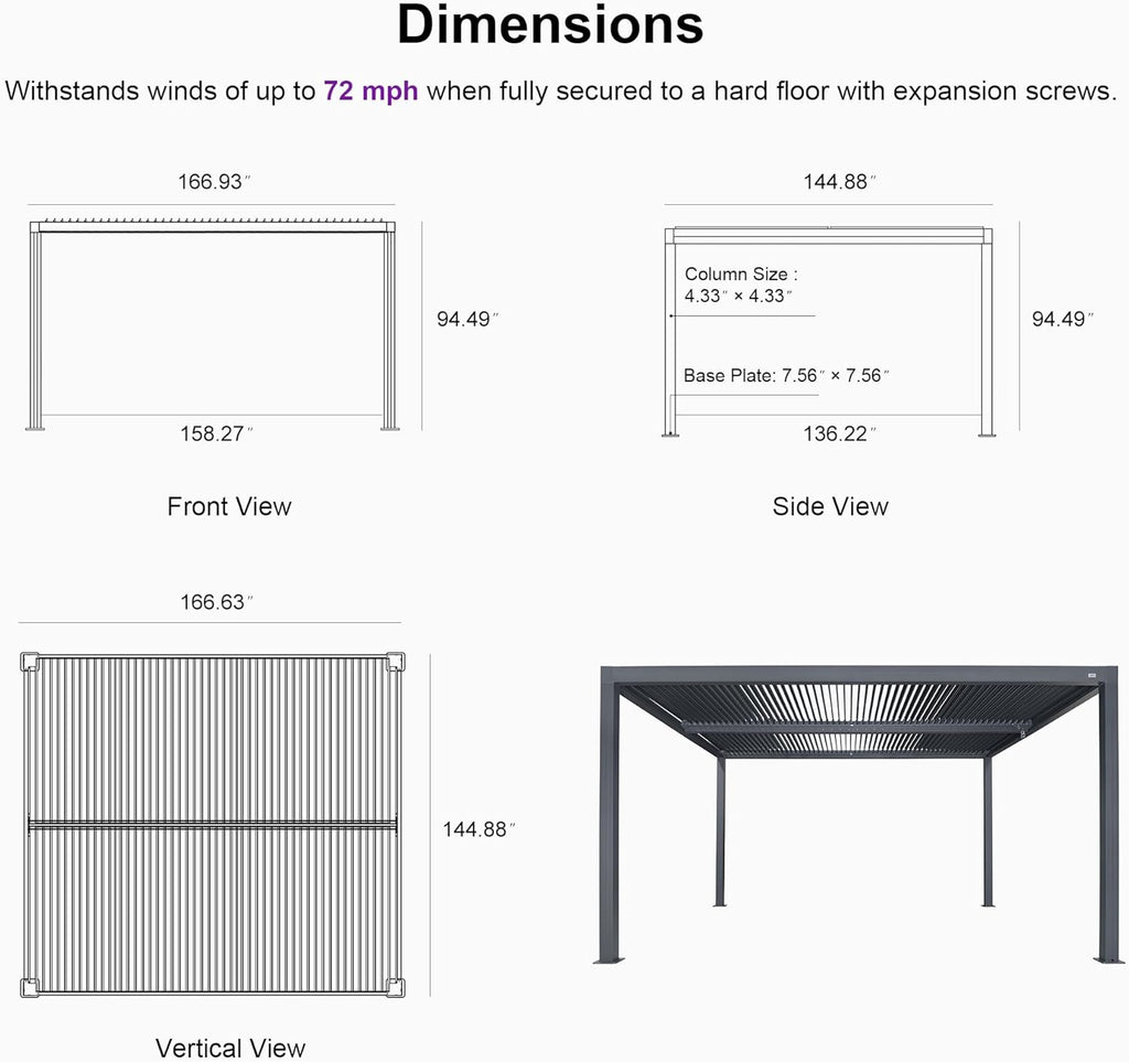 PURPLE LEAF Louvered Pergola 94AS 12' x 14' Outdoor Aluminum Pergola with Fixed Shutter Wall Adjustable Roof for Deck Backyard Grey Hardtop Gazebo, 1 Long Side