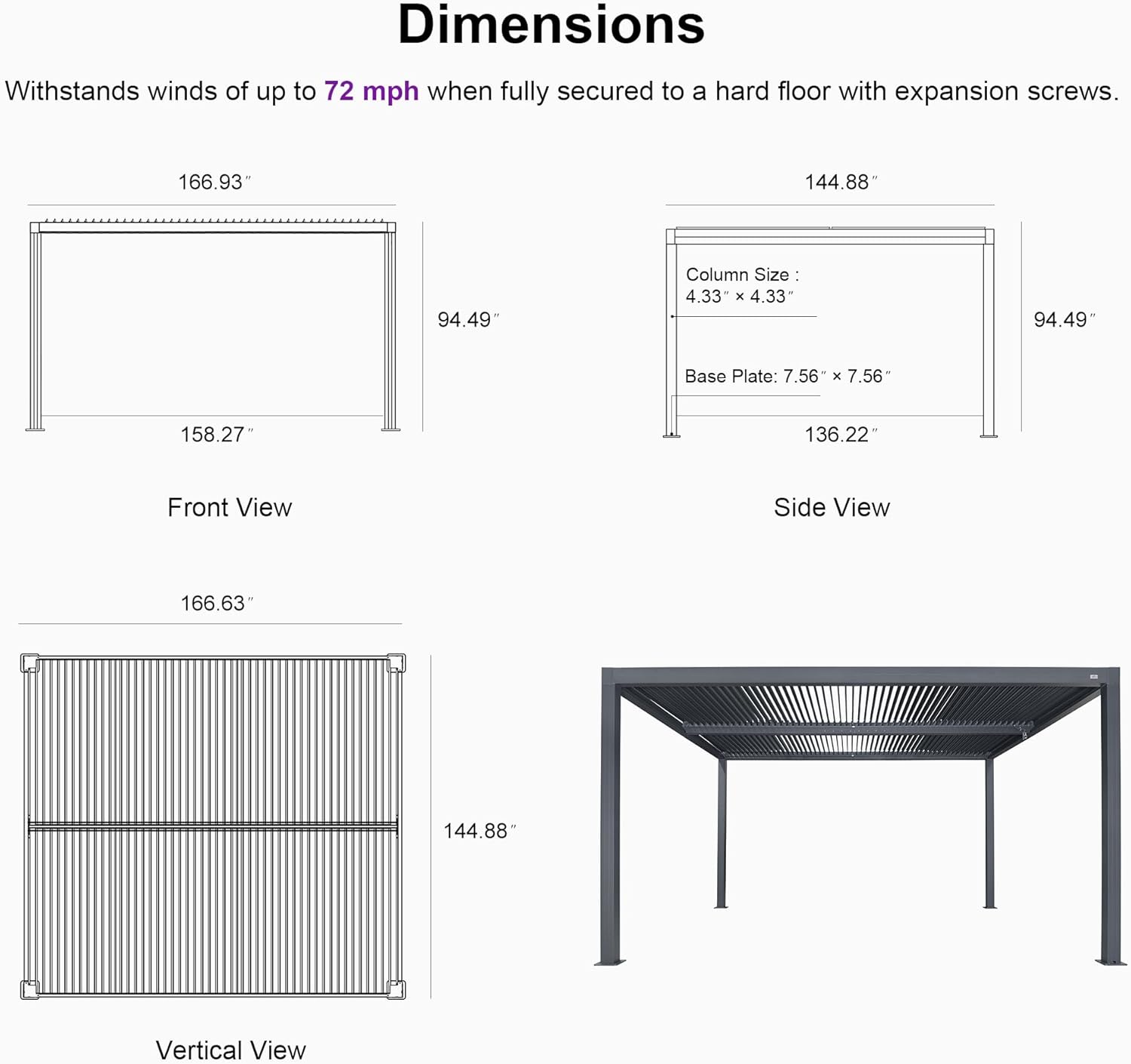 PURPLE LEAF Louvered Pergola 94AS 12' x 14' Outdoor Aluminum Pergola with Fixed Shutter Wall Adjustable Roof for Deck Backyard Grey Hardtop Gazebo, 1 Long Side