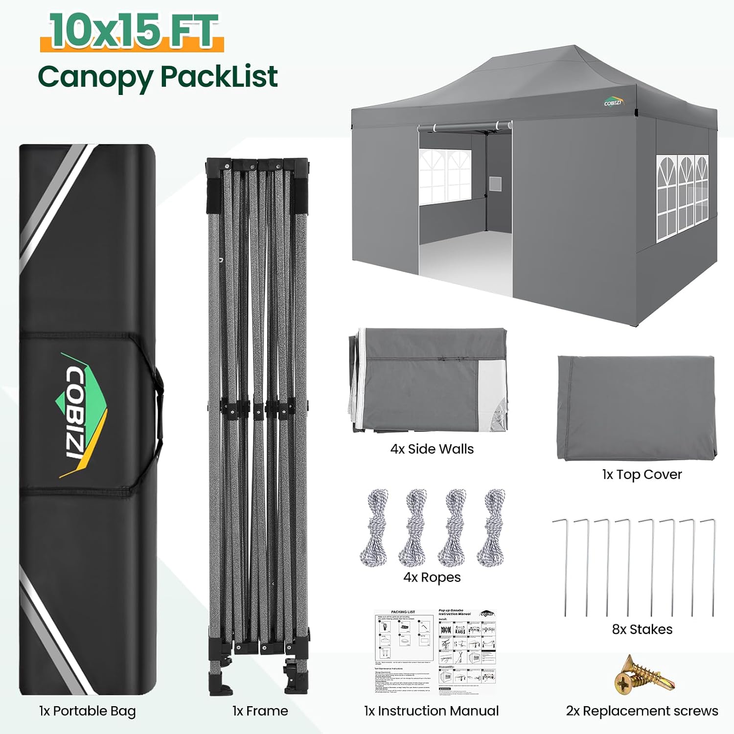 COBIZI 10x15 FT Heavy Duty Pop up Canopy with 4 Removable Sidewalls, Easy up Gazebo High Stability, All Weather Sunshade 100% Waterproof Outdoor Canopy Tents with Carry Bag, Gray