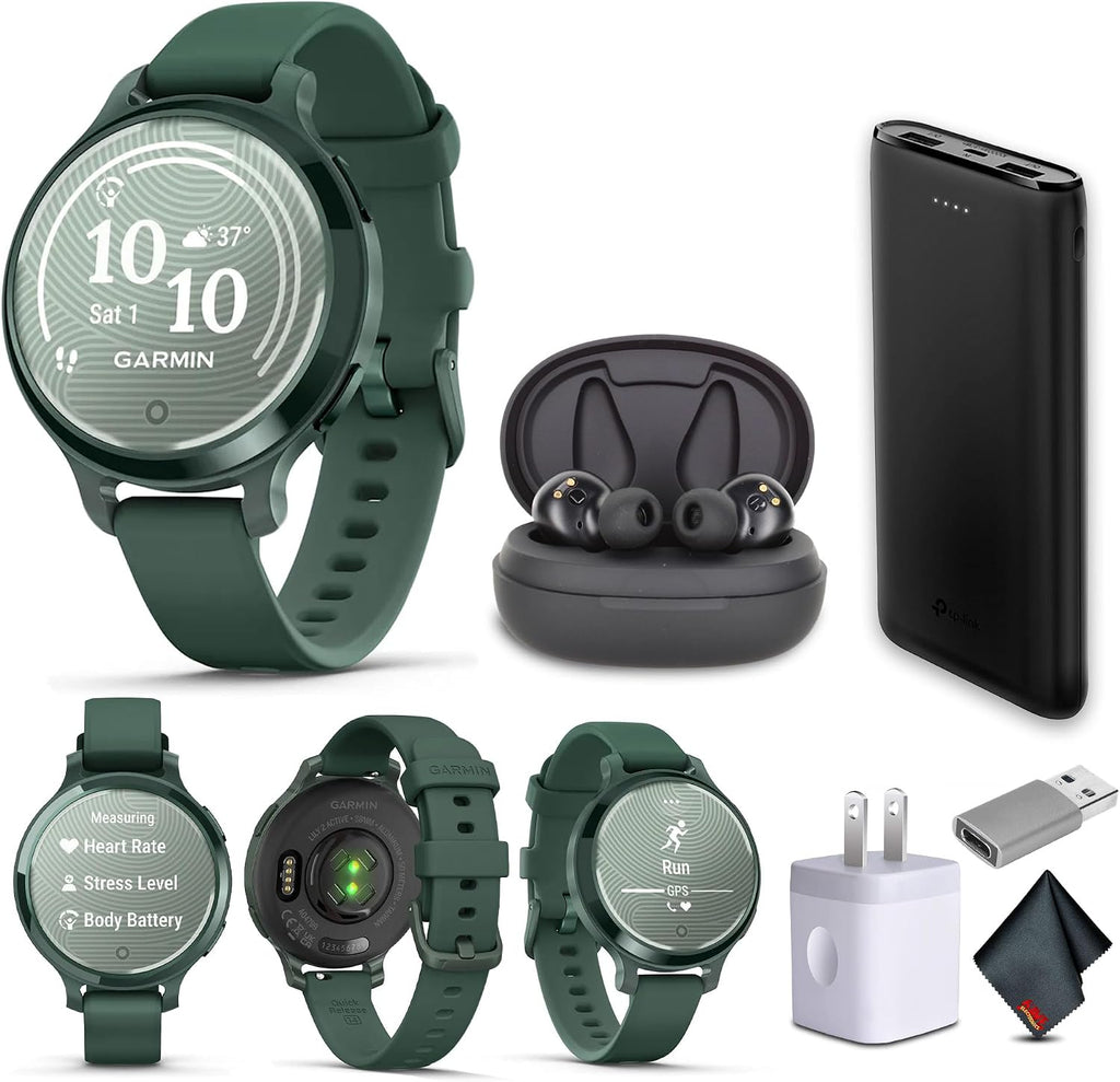 Garmin Lily 2 Active Small and Stylish Smartwatch Up to 9 Days Battery Built-in GPS Hidden Display Patterned Lens Life Jasper Green 010-02891-02 Fitness Smart Watch Bundle for Women