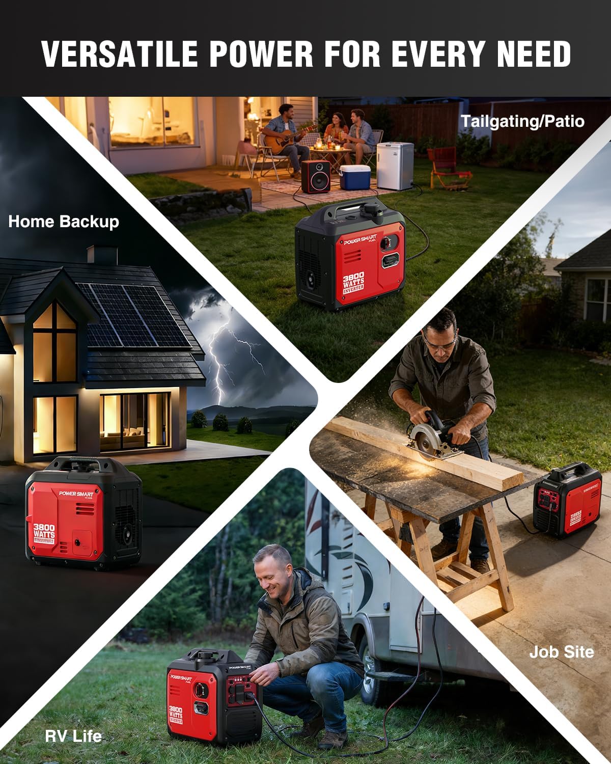 PowerSmart 3800W Portable Inverter Generator, 59dB Super Quiet Gas Powered, 143cc 4-Stroke OHV, Parallel Ready, EPA Compliant for RV Camping, Tailgating and Home Emergency Backup