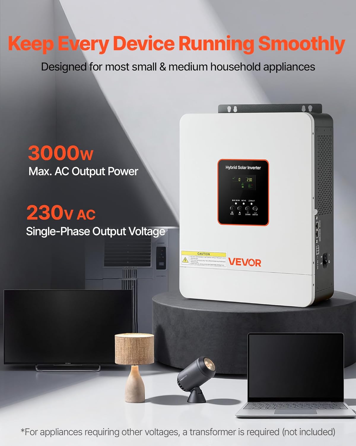 VEVOR 3000W Hybrid Solar Inverter, 24V DC to 230V AC, Pure Sine Wave Power Inverter, Built-in 80A MPPT Solar Charge Controller, Works with Lead Acid Lithium Battery, for Home Camper, Off-Grid, NO WiFi
